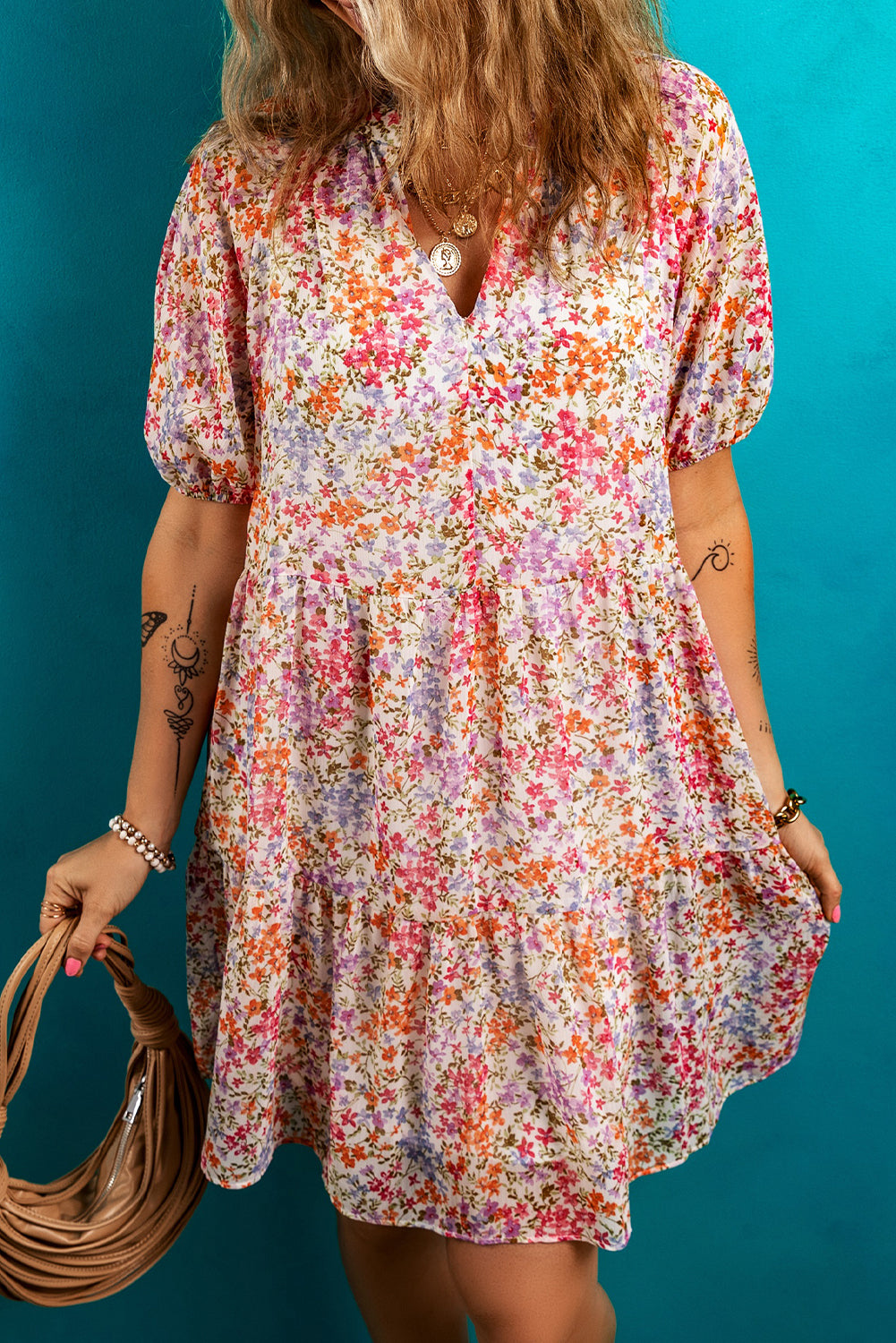 Red Floral Puff Sleeve Notched V Neck Tiered Mini Dress-TOPS / DRESSES-[Adult]-[Female]-2022 Online Blue Zone Planet