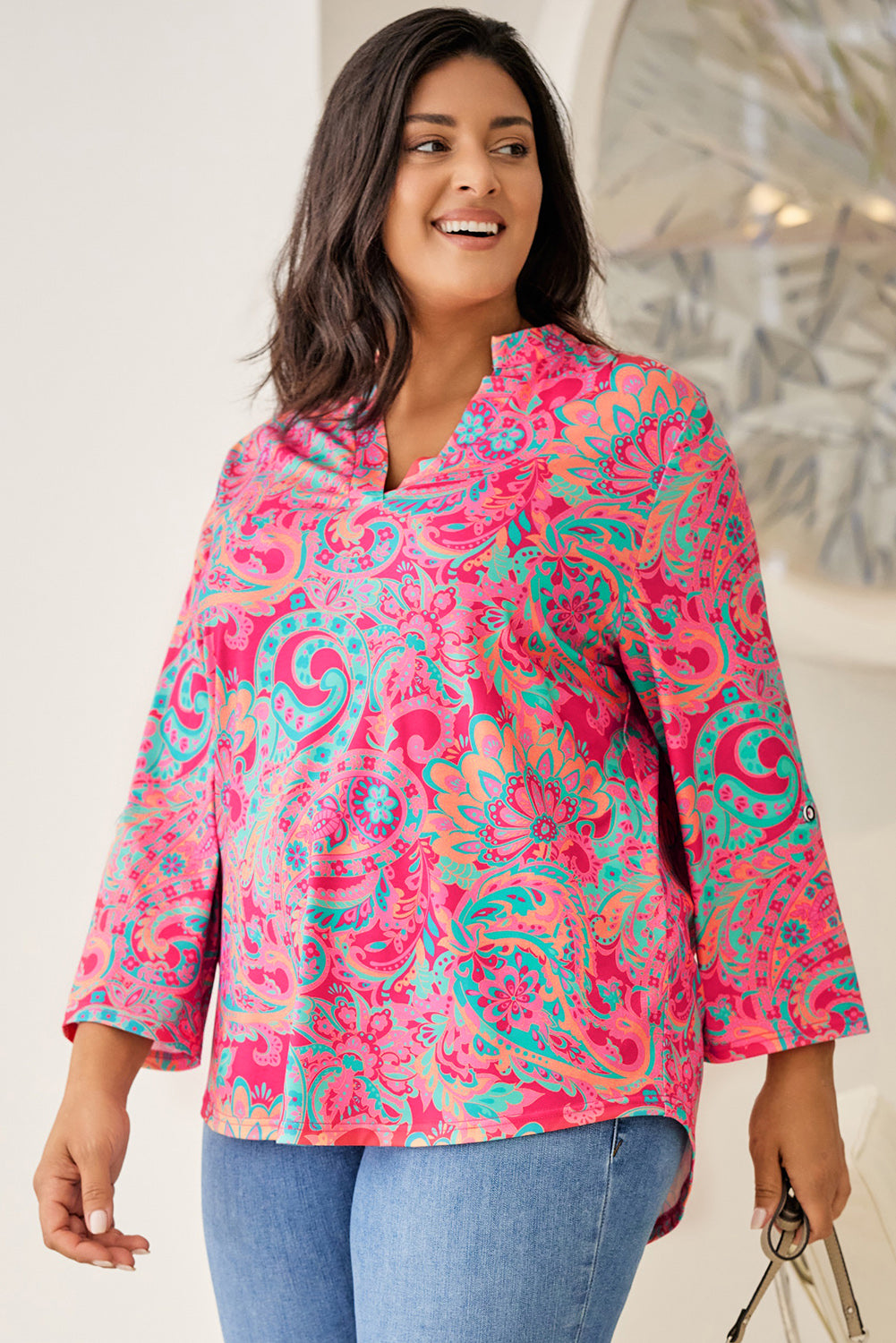 Plus Size Printed Notched Long Sleeve Blouse-TOPS / DRESSES-[Adult]-[Female]-2022 Online Blue Zone Planet