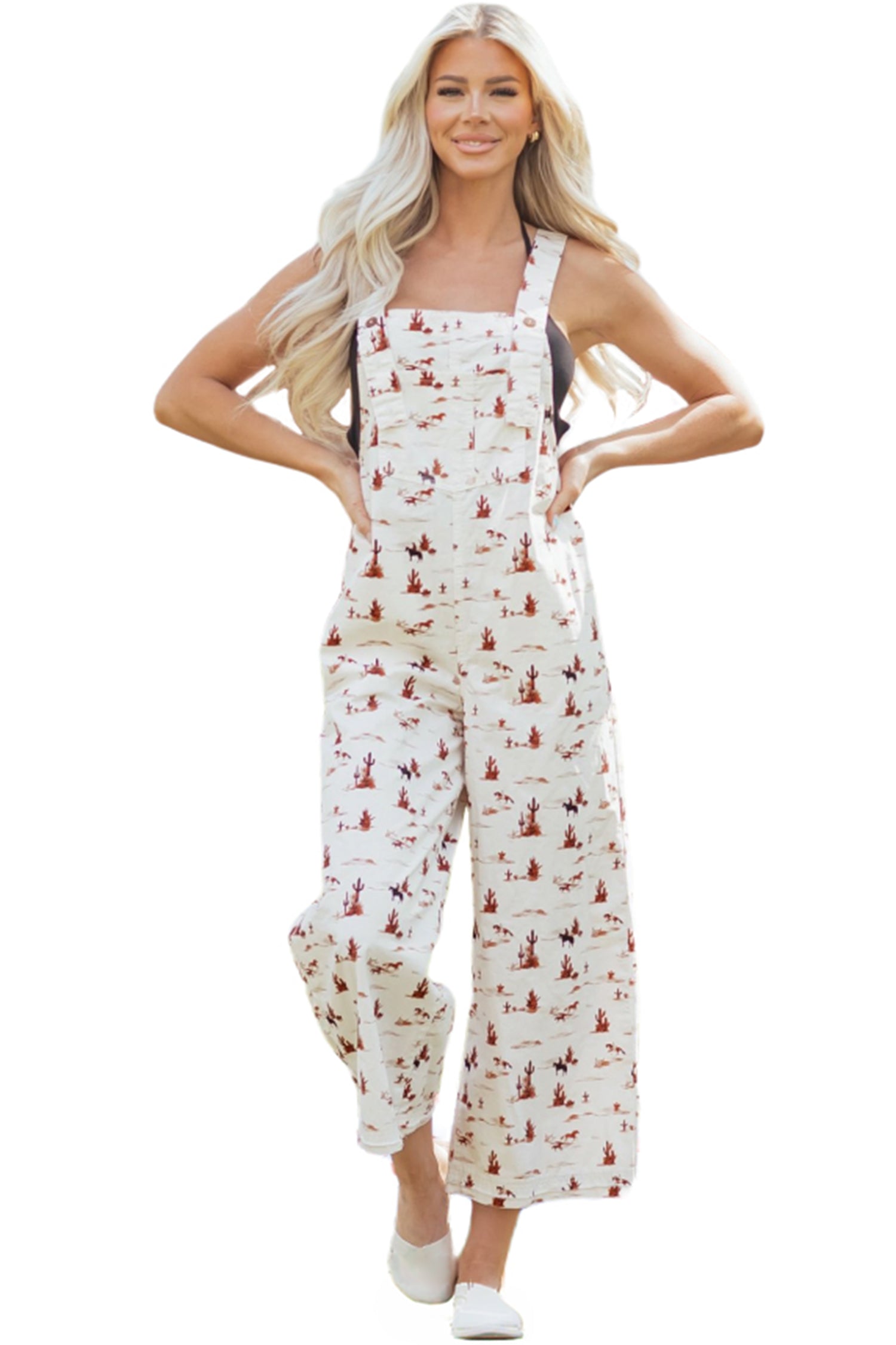 Beige Western Printed Button Adjustable Straps Loose Jumpsuit Dungarees-Bottoms/Jumpsuits & Rompers-[Adult]-[Female]-2022 Online Blue Zone Planet