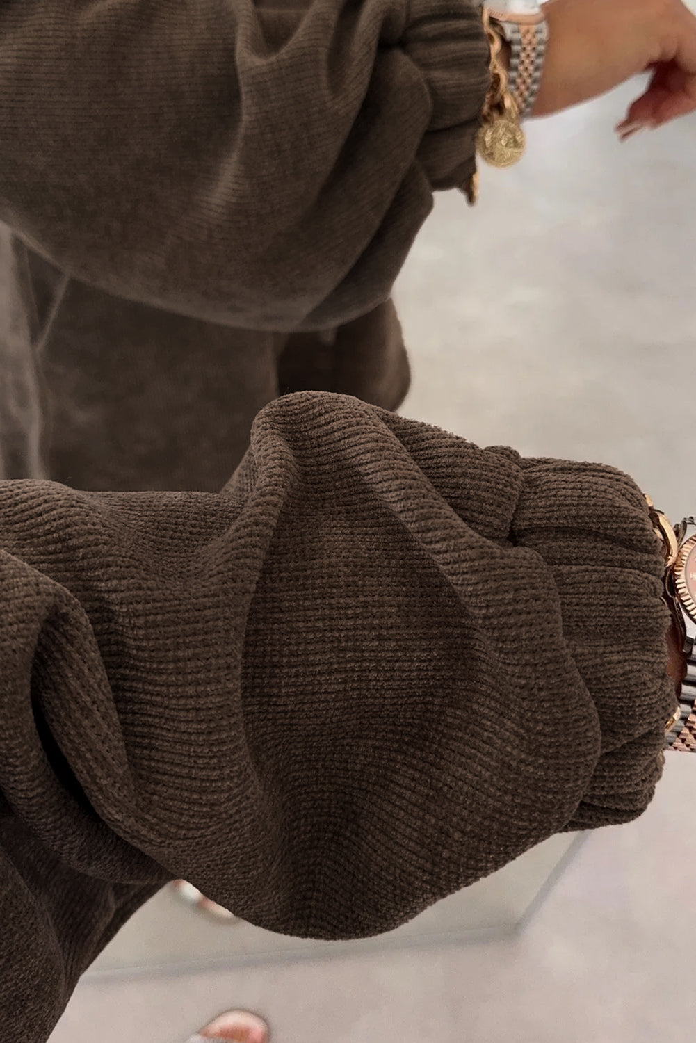 Dark Brown Solid Color Textured Knit Drop Shoulder Pullover Drawstring Shorts Set-Two Piece Sets/Short Sets-[Adult]-[Female]-2022 Online Blue Zone Planet