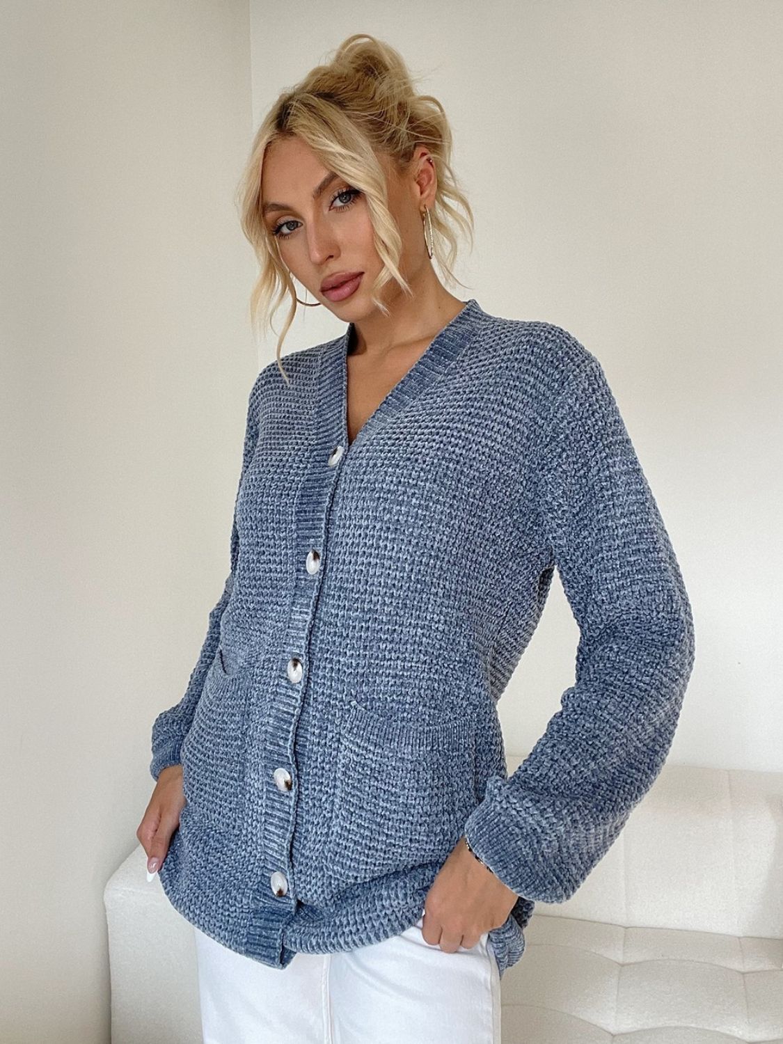 Pocketed V-Neck Button Up Cardigan-TOPS / DRESSES-[Adult]-[Female]-Dusty Blue-One Size-2022 Online Blue Zone Planet