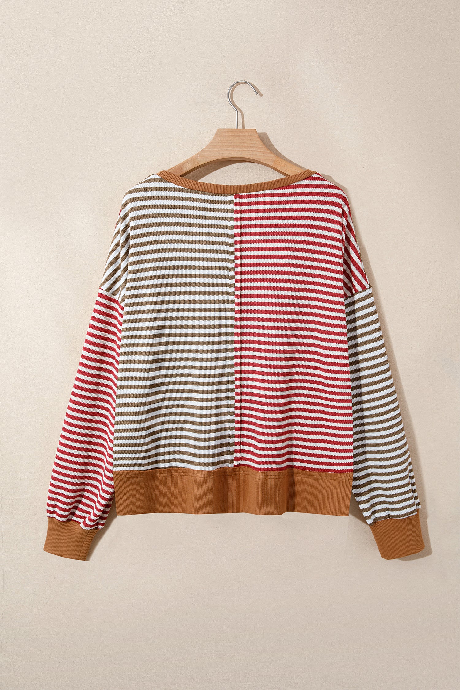 Red Striped Colorblock V Neck Long Sleeve Top-Tops/Long Sleeve Tops-[Adult]-[Female]-2022 Online Blue Zone Planet