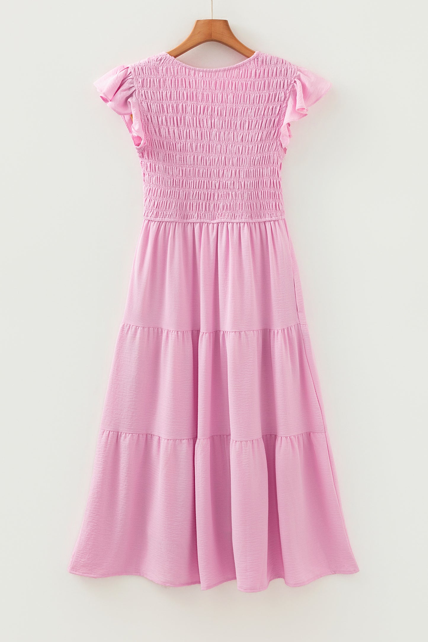 fit and flare midi dresses with sleeves Pink Smocked Bodice Flutter Sleeve Fit Flare Tiered Midi Dress Pink / M / 100%Polyester by Blue Zone Planet