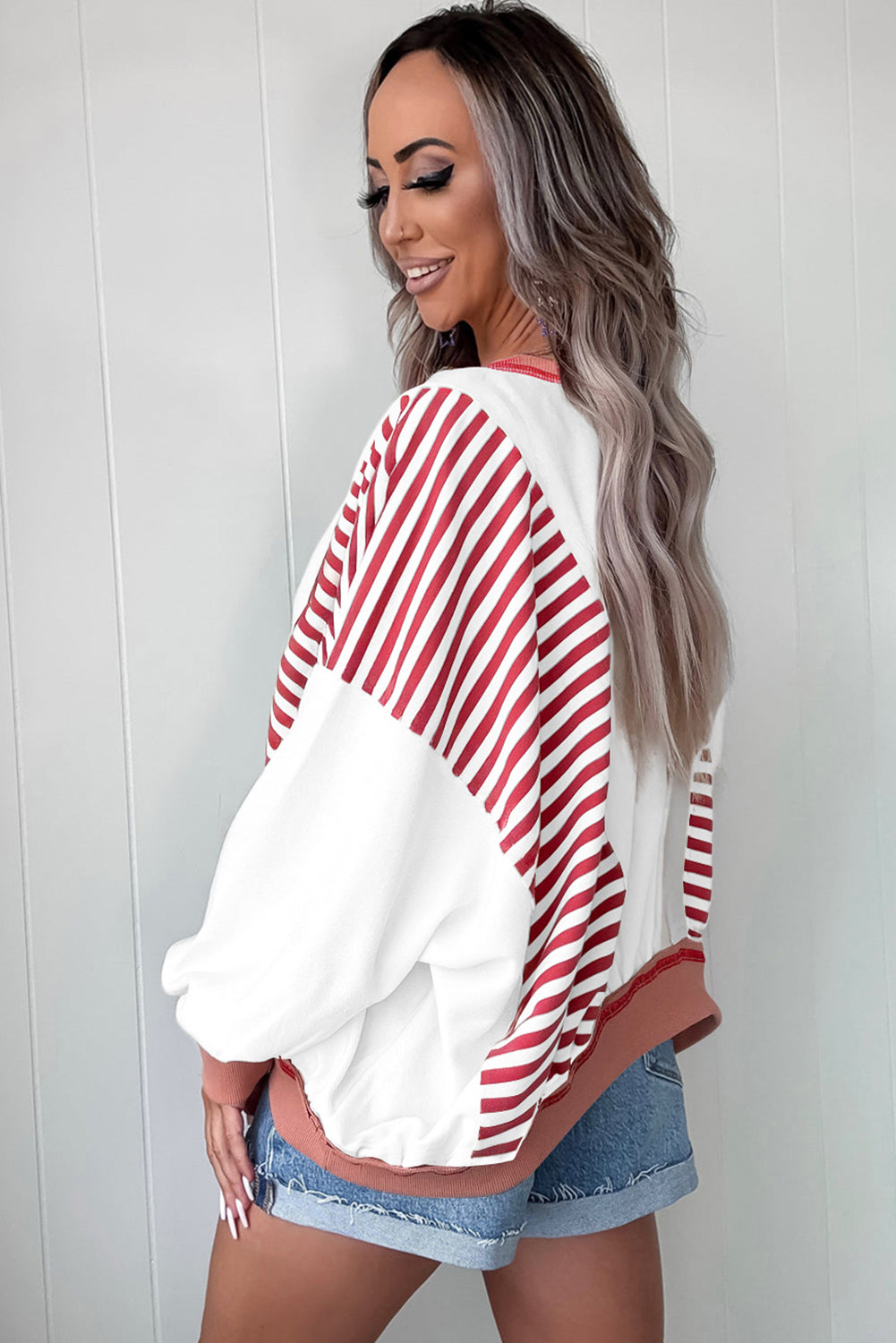 Red Stripe Colorblock Patchwork Contrast Stitching Oversize Sweatshirt-Tops/Sweatshirts & Hoodies-[Adult]-[Female]-2022 Online Blue Zone Planet