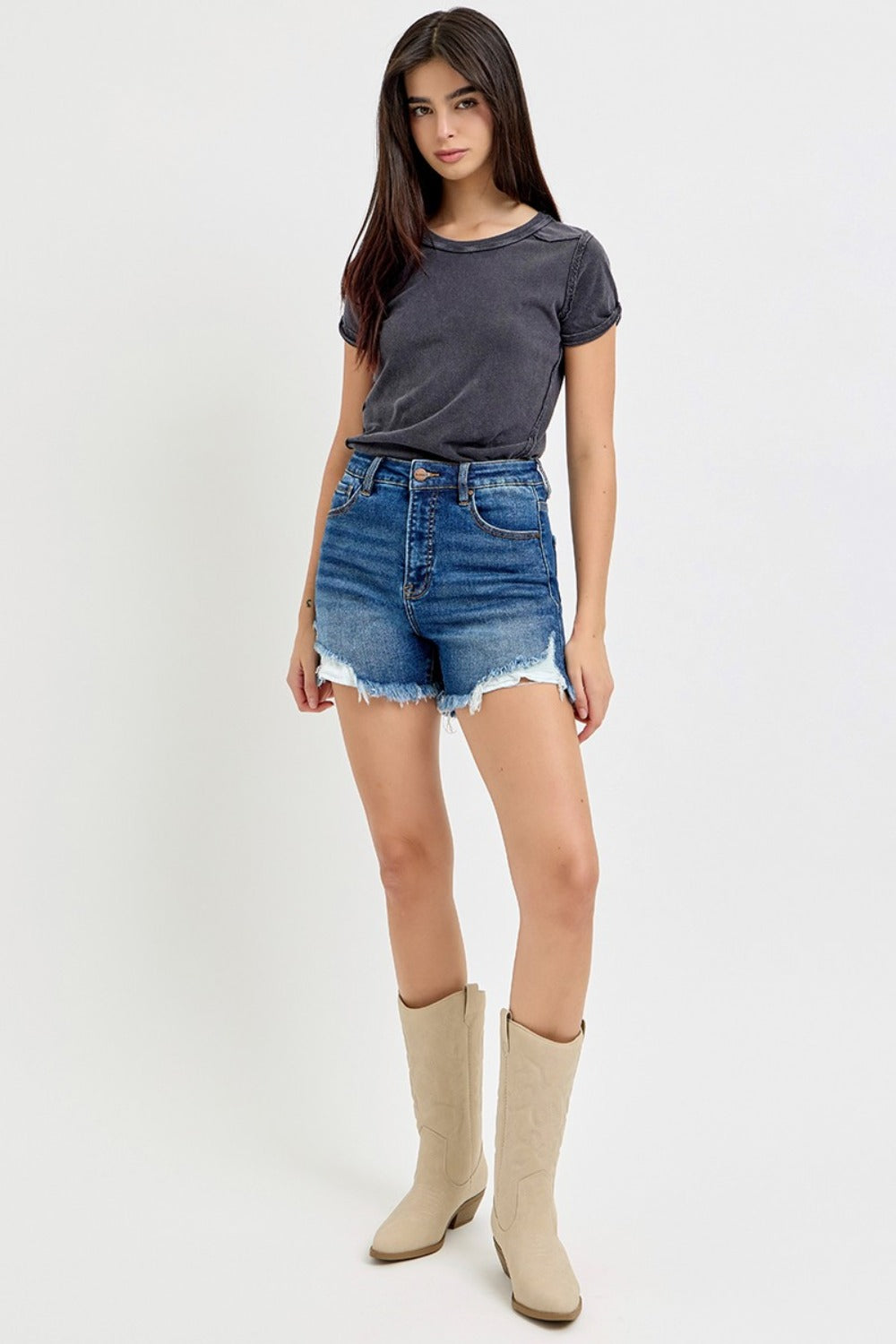 RISEN High Rise Side Step Hem Denim Shorts-BOTTOMS SIZES SMALL MEDIUM LARGE-[Adult]-[Female]-2022 Online Blue Zone Planet