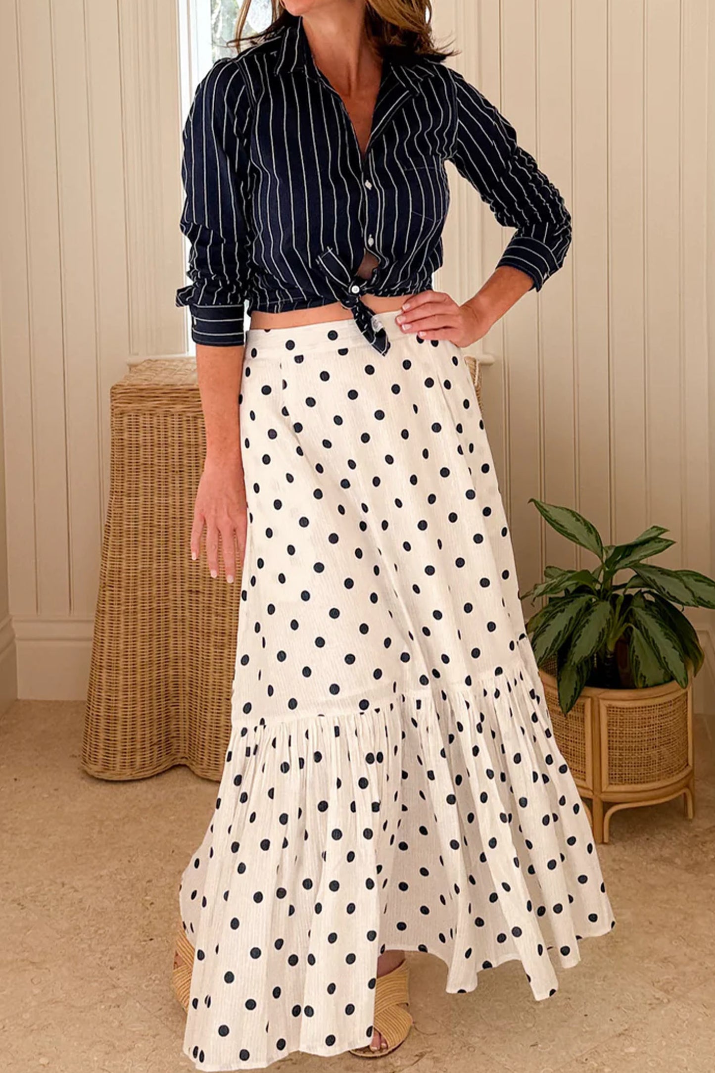 White Polka Dot Ruffled Slit Maxi Skirt-Bottoms/Skirts & Petticoat-[Adult]-[Female]-2022 Online Blue Zone Planet