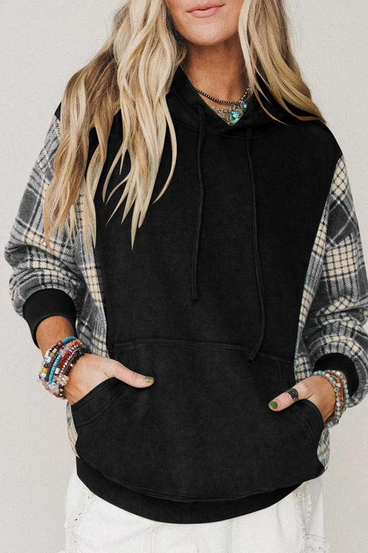 Black Plaid Sleeve Drawstring Pocket Hooded Sweatshirt-Tops/Sweatshirts & Hoodies-[Adult]-[Female]-Black-S-2022 Online Blue Zone Planet