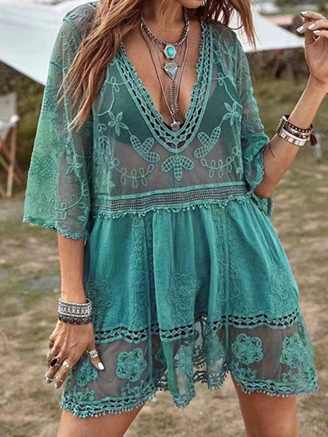 Lace Detail Plunge Cover-Up Dress-TOPS / DRESSES-[Adult]-[Female]-Teal-One Size-2022 Online Blue Zone Planet