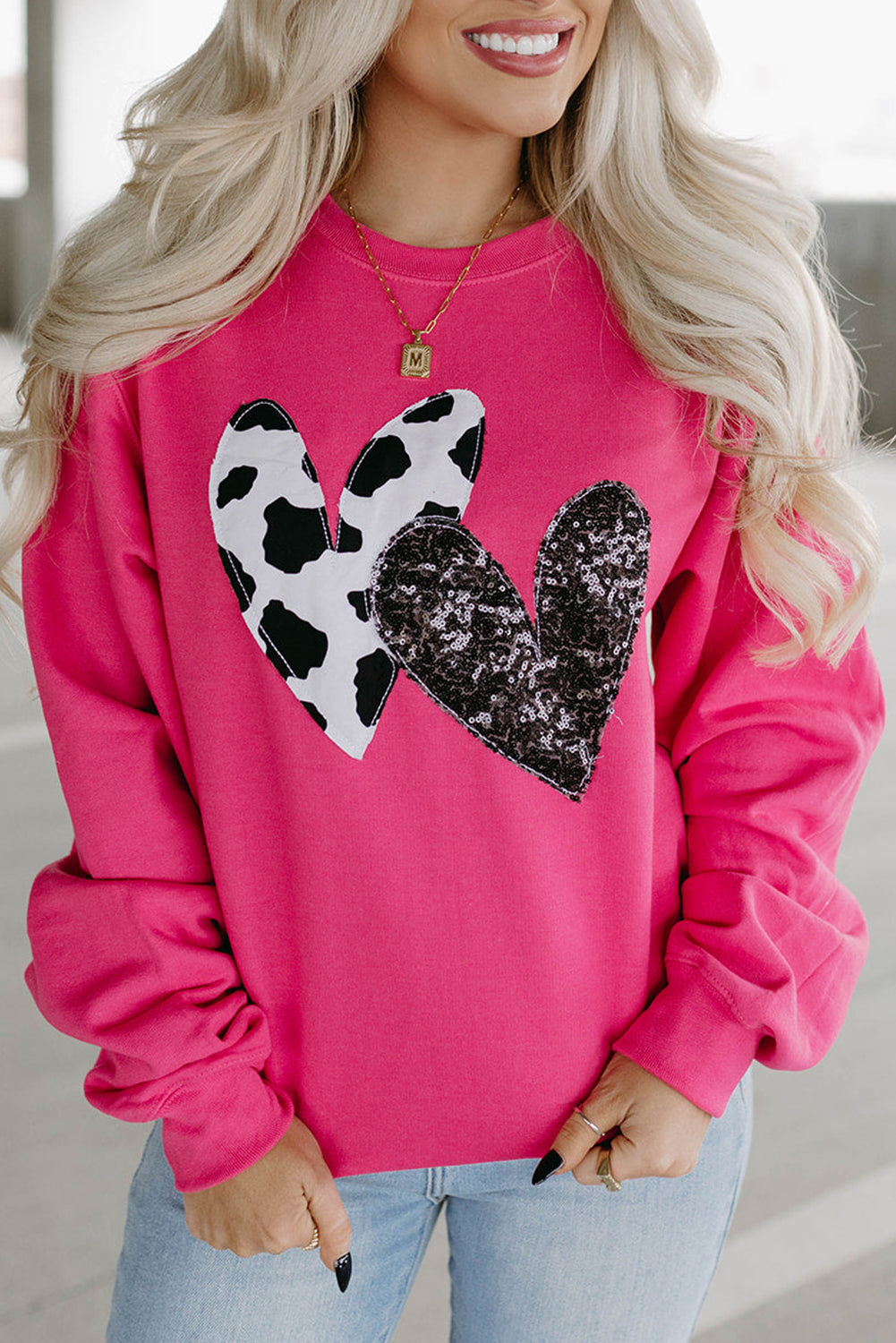 Strawberry Pink Cow & Sequin Double Heart Patch Graphic Sweatshirt-Tops/Sweatshirts & Hoodies-[Adult]-[Female]-2022 Online Blue Zone Planet