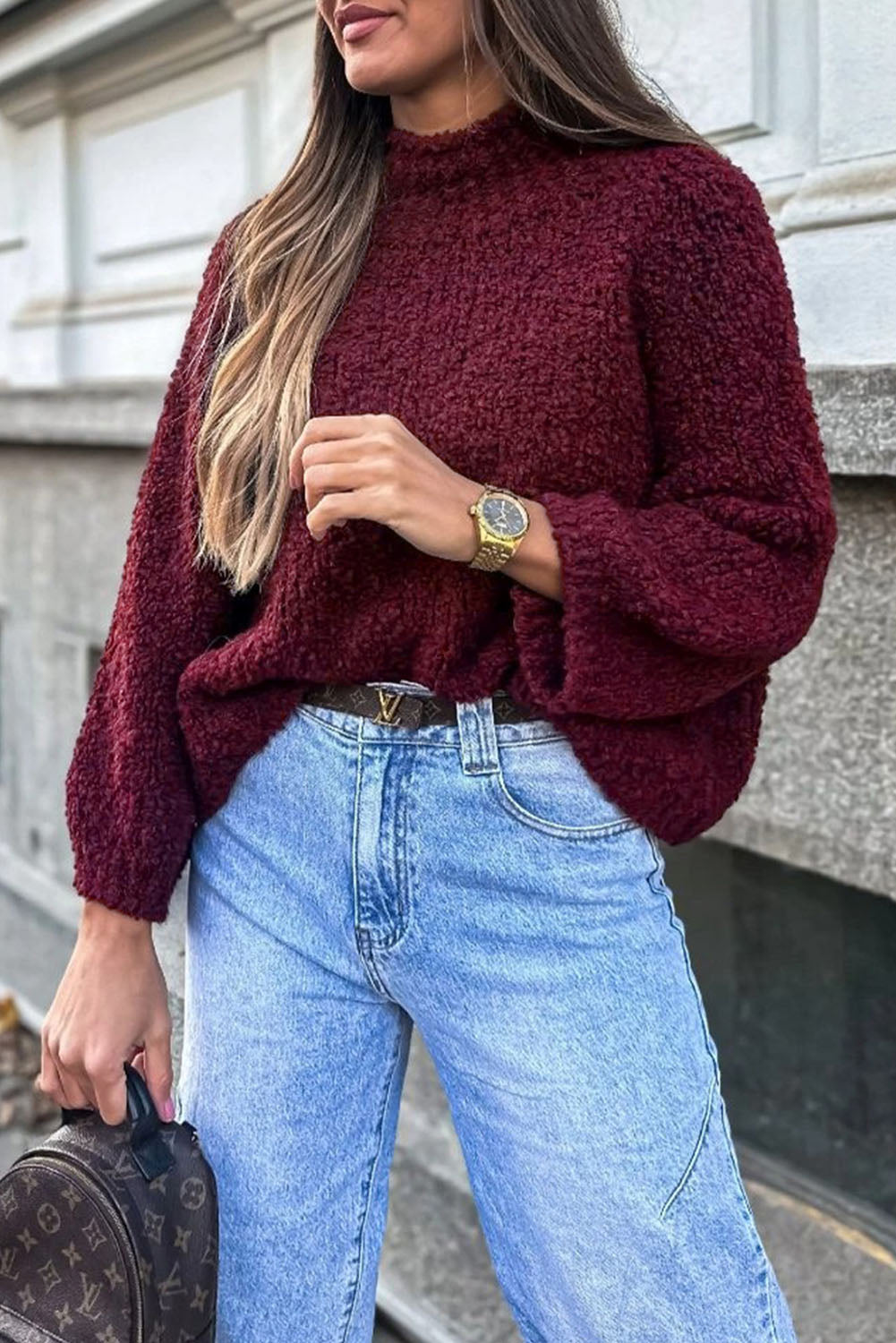 Burgundy Popcorn Mock Neck Solid Sweater-Sweaters & Cardigans/Sweaters-[Adult]-[Female]-Burgundy-S-2022 Online Blue Zone Planet