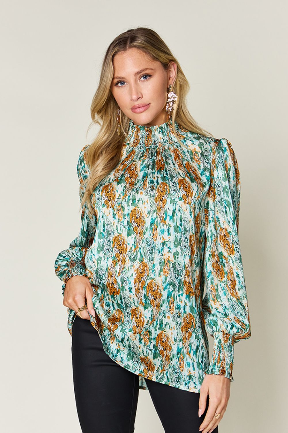 Blue Zone Planet | Double Take Full Size Printed Smocked Long Sleeve Blouse-TOPS / DRESSES-[Adult]-[Female]-Green-S-2022 Online Blue Zone Planet