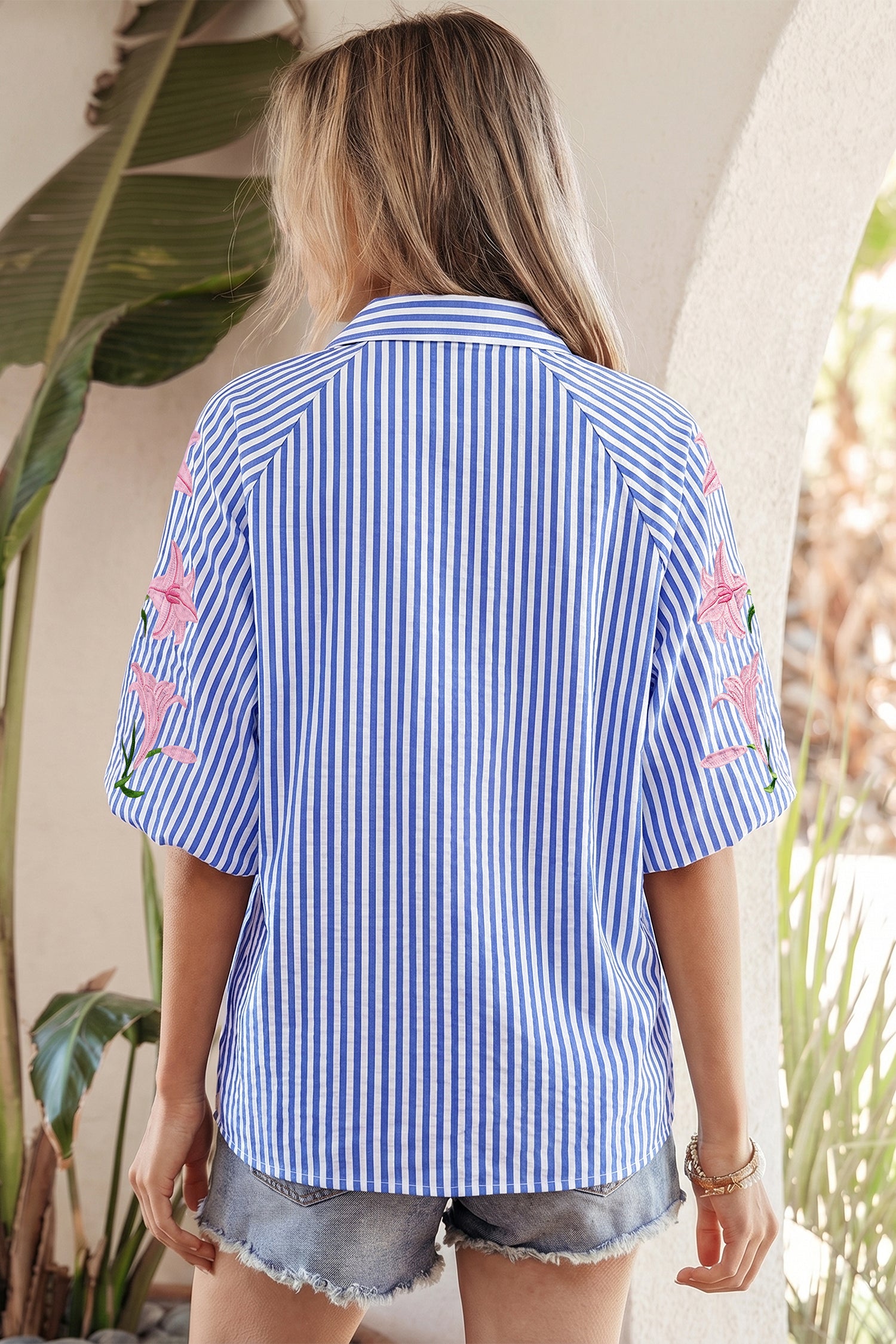 Sky Blue Stripe Lily Floral Embroidered Puff Sleeve Button Down Shirt-Tops/Blouses & Shirts-[Adult]-[Female]-2022 Online Blue Zone Planet