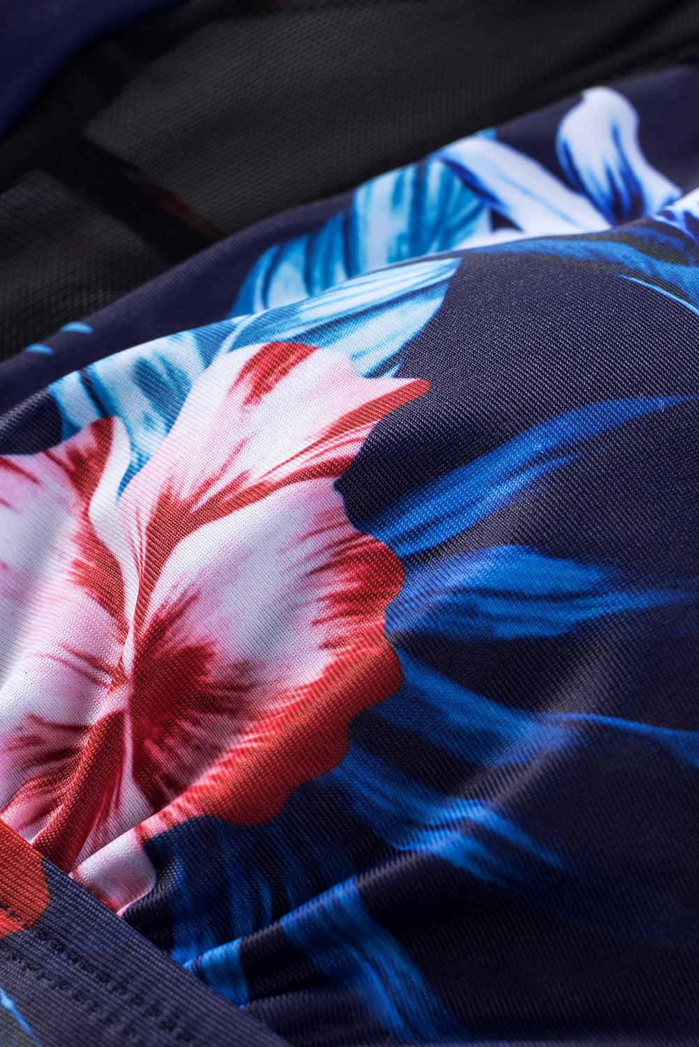 Blue Zone Planet |  Black Floral Print Mesh Patchwork Criss Cross One-piece Swimsuit Blue Zone Planet