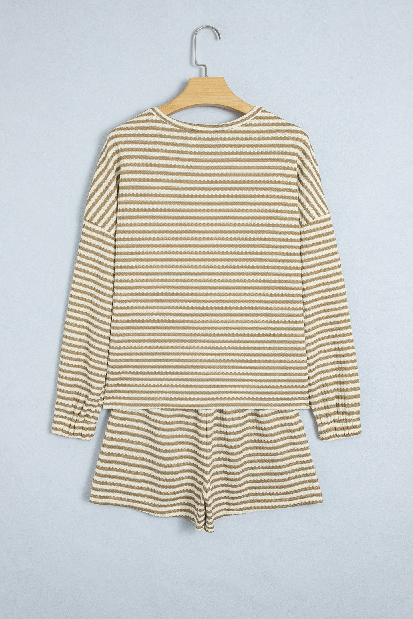 Brown Stripe Textured Knit Long Sleeve Top Elastic Waist Shorts Casual Outfit-Two Piece Sets/Short Sets-[Adult]-[Female]-2022 Online Blue Zone Planet