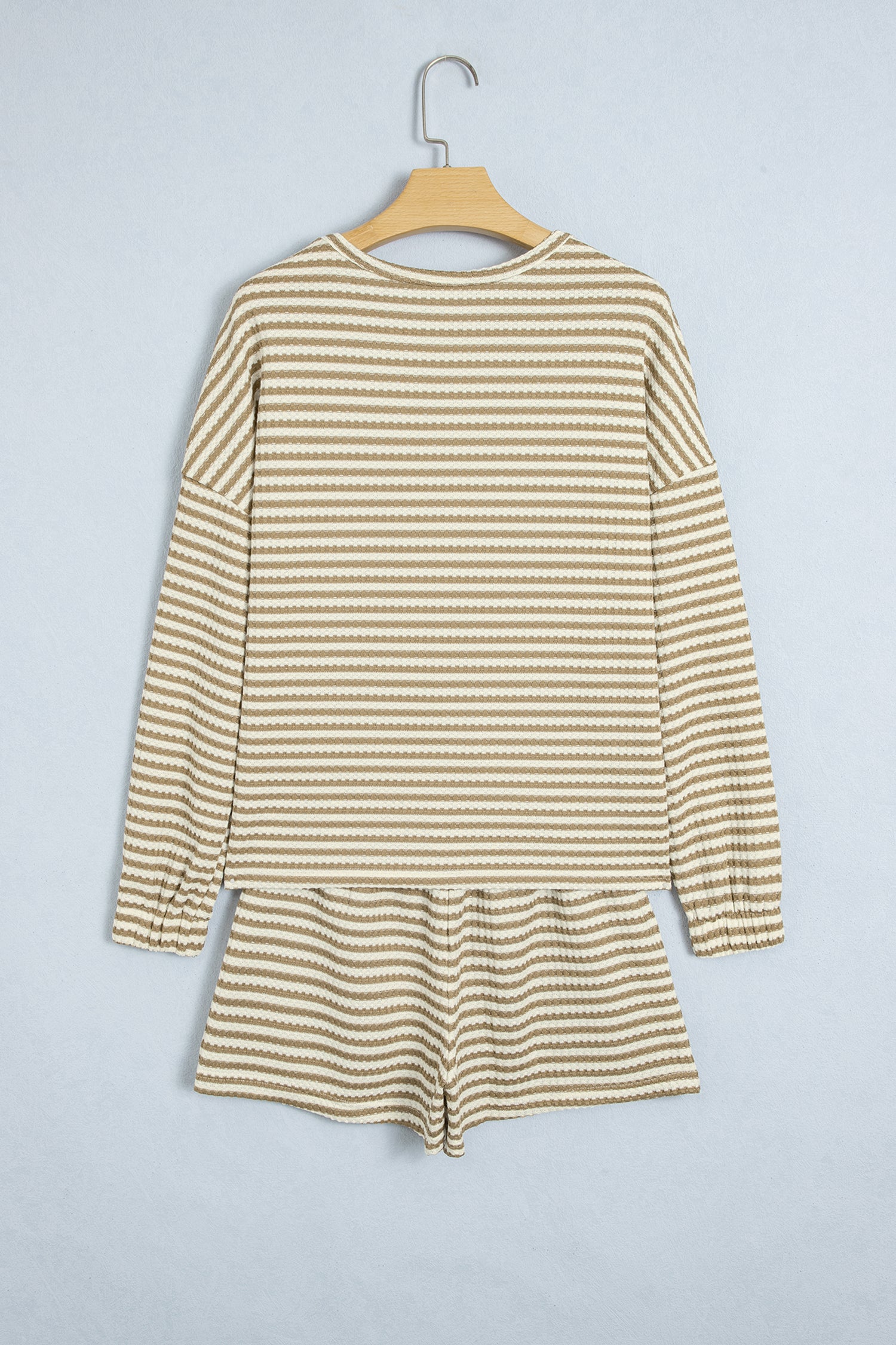 Brown Stripe Textured Knit Long Sleeve Top Elastic Waist Shorts Casual Outfit-Two Piece Sets/Short Sets-[Adult]-[Female]-2022 Online Blue Zone Planet