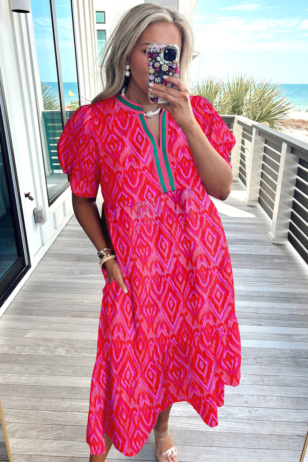 Red Allover Print Contrast Split Neckline Short Puff Sleeve Curvy Dress-TOPS / DRESSES-[Adult]-[Female]-2022 Online Blue Zone Planet
