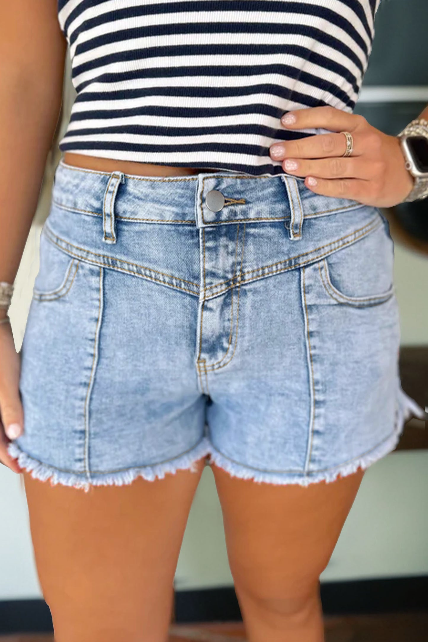 Myosotis High Waist Frayed Denim Shorts-Bottoms/Denim Shorts-[Adult]-[Female]-Myosotis-4-2022 Online Blue Zone Planet