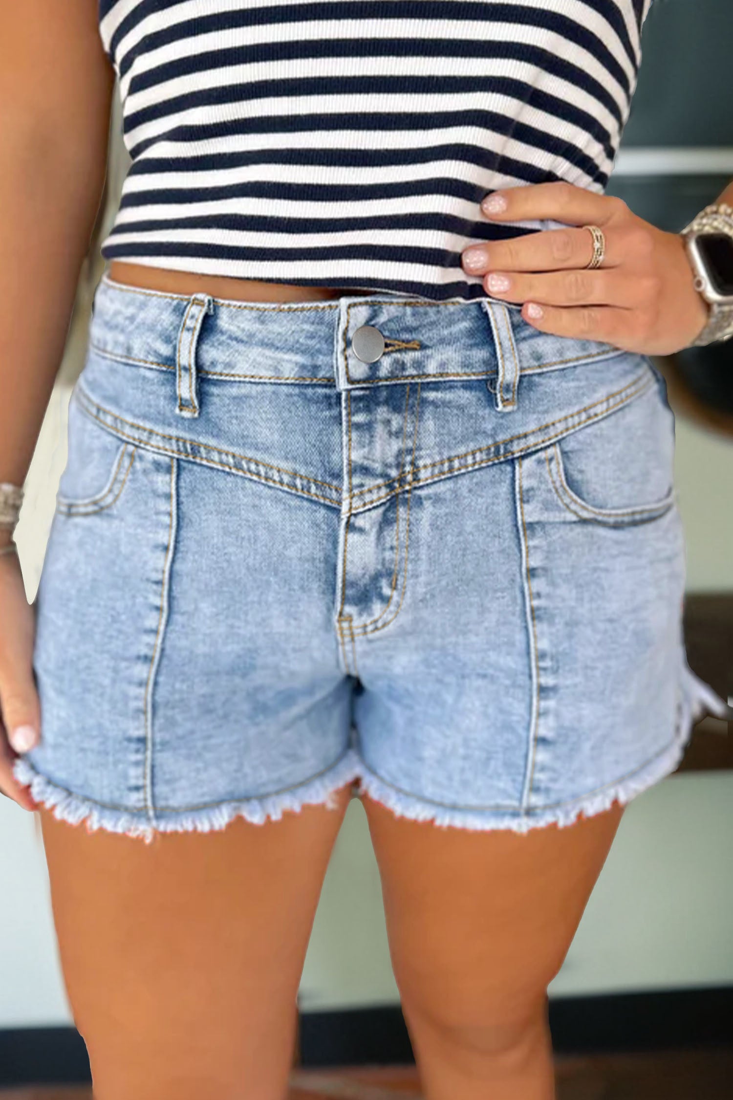 Myosotis High Waist Frayed Denim Shorts-Bottoms/Denim Shorts-[Adult]-[Female]-Myosotis-4-2022 Online Blue Zone Planet