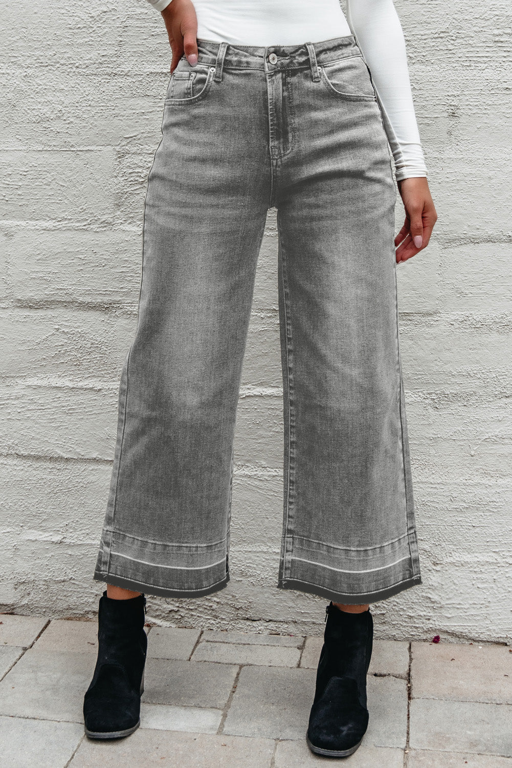 Gray Raw Hem Straight Leg Loose High Waist Jeans-Bottoms/Jeans-[Adult]-[Female]-2022 Online Blue Zone Planet