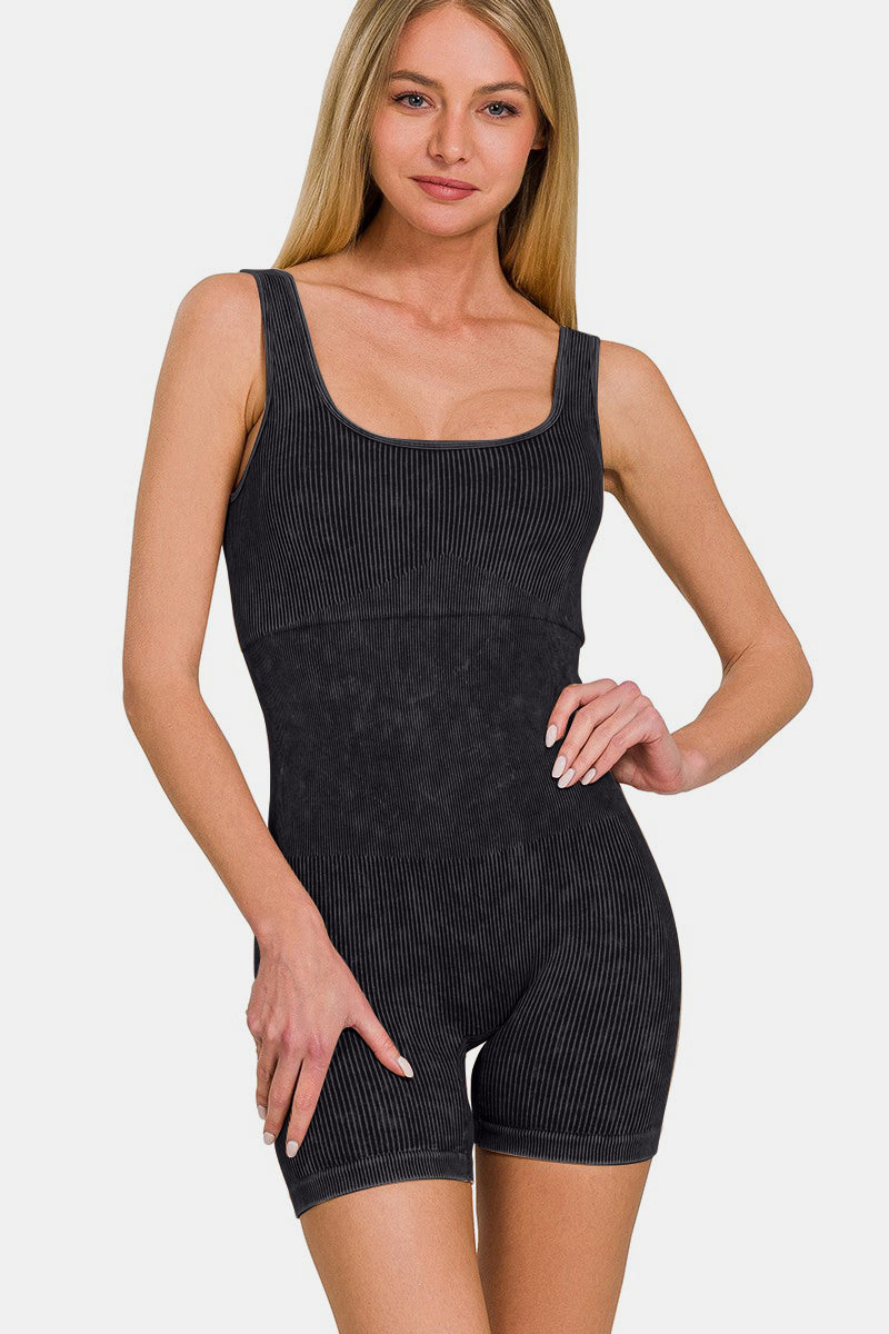 Zenana Washed Ribbed Romper with Pad-TOPS / DRESSES-[Adult]-[Female]-2022 Online Blue Zone Planet