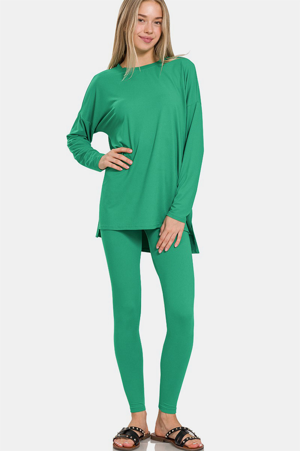 Blue Zone Planet | Zenana Full Size Brushed Microfiber Top and Leggings Lounge Set-TOPS / DRESSES-[Adult]-[Female]-K Green-S-2022 Online Blue Zone Planet