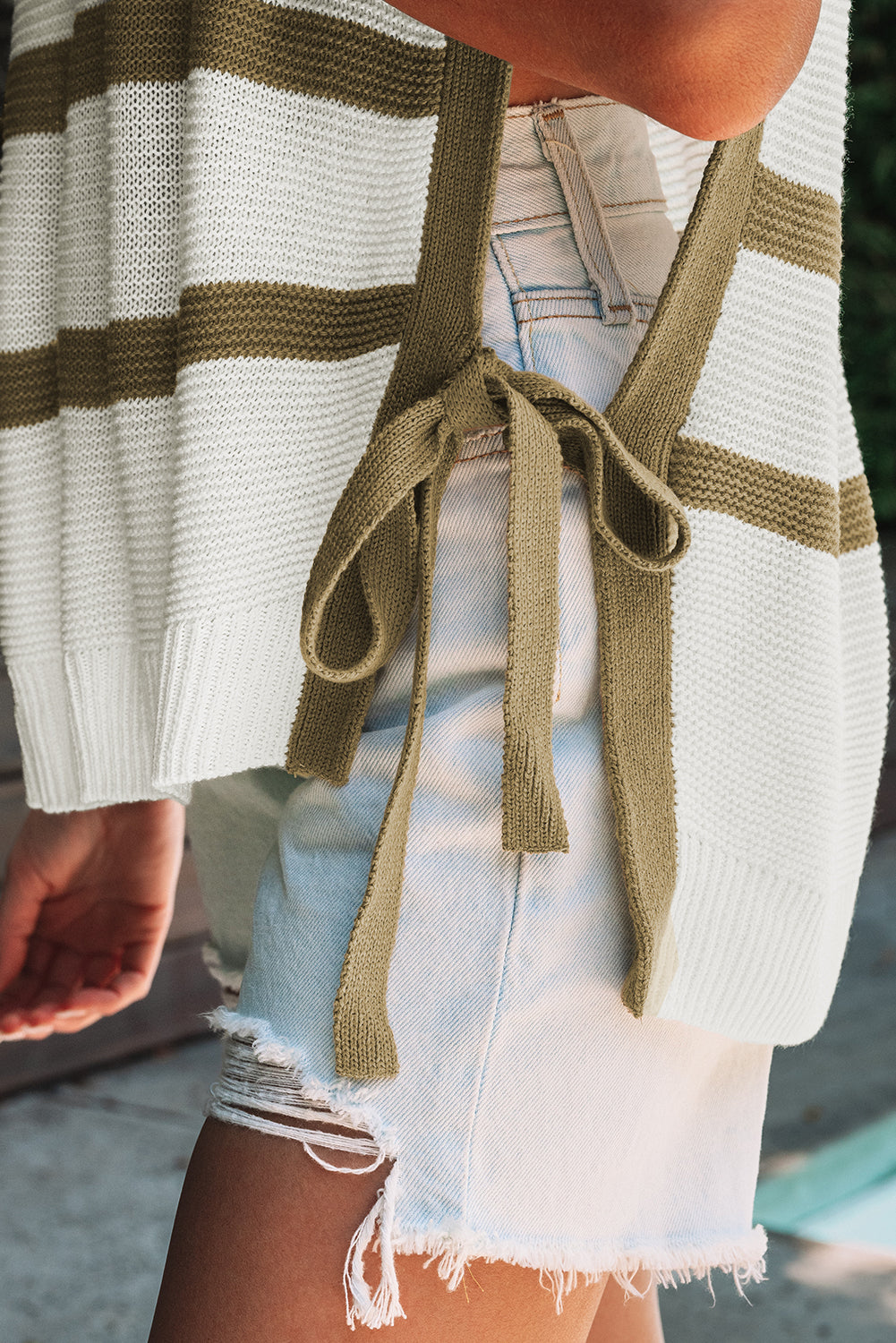 Khaki Stripe Tie Open Side Sweater Knitted Top-TOPS / DRESSES-[Adult]-[Female]-2022 Online Blue Zone Planet