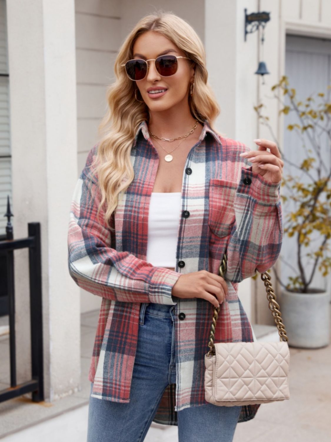 Mandy Pocketed Plaid Collared Neck Long Sleeve Shirt-TOPS / DRESSES-[Adult]-[Female]-2022 Online Blue Zone Planet