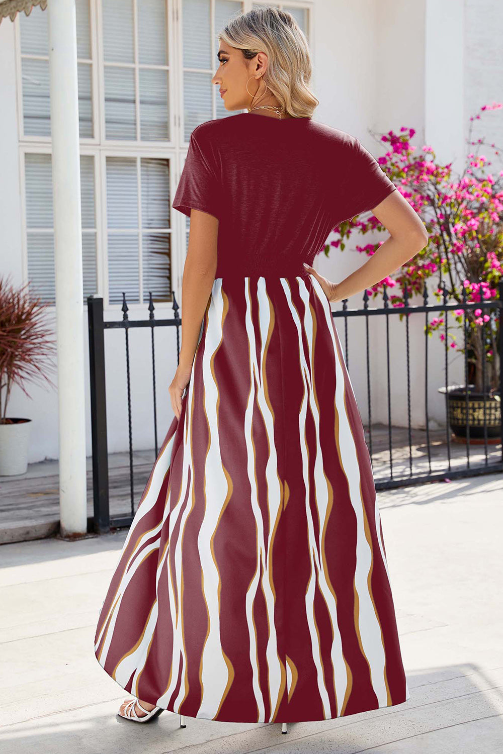 Smocked High-Low Printed Surplice Dress Deep Red / S Smocked High-Low Printed Surplice Dress Deep Red / S
