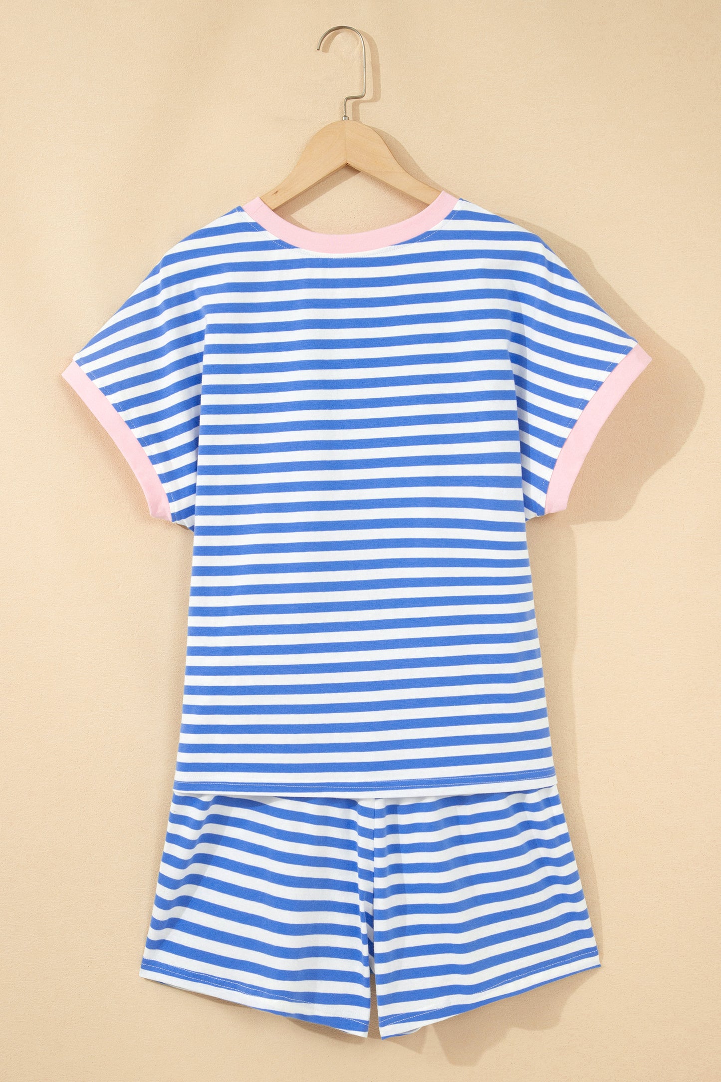 Sky Blue Stripe Contrast Trim Crew Neck Tee Knot Shorts 2pcs Set-Two Piece Sets/Short Sets-[Adult]-[Female]-2022 Online Blue Zone Planet