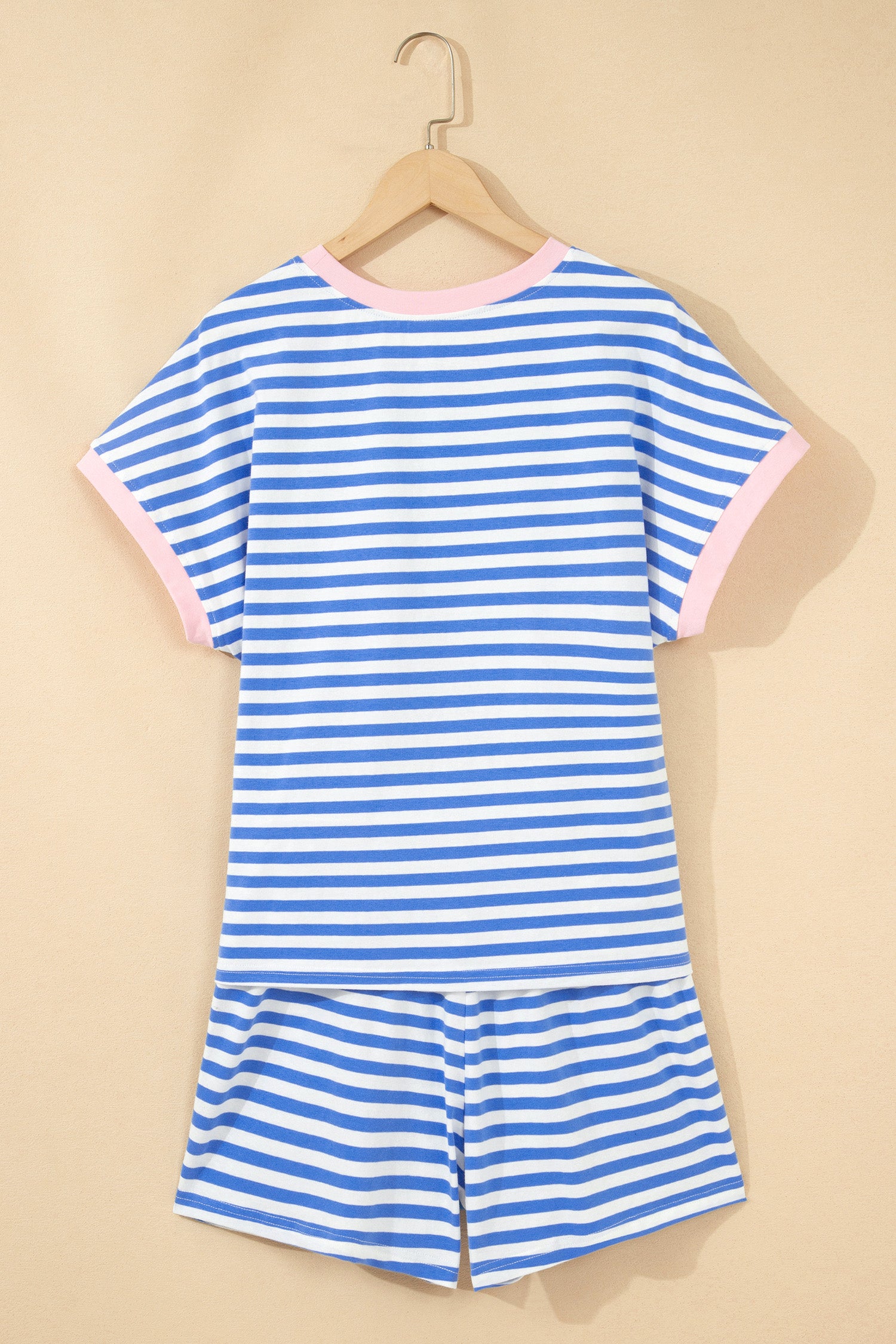 Sky Blue Stripe Contrast Trim Crew Neck Tee Knot Shorts 2pcs Set-Two Piece Sets/Short Sets-[Adult]-[Female]-2022 Online Blue Zone Planet