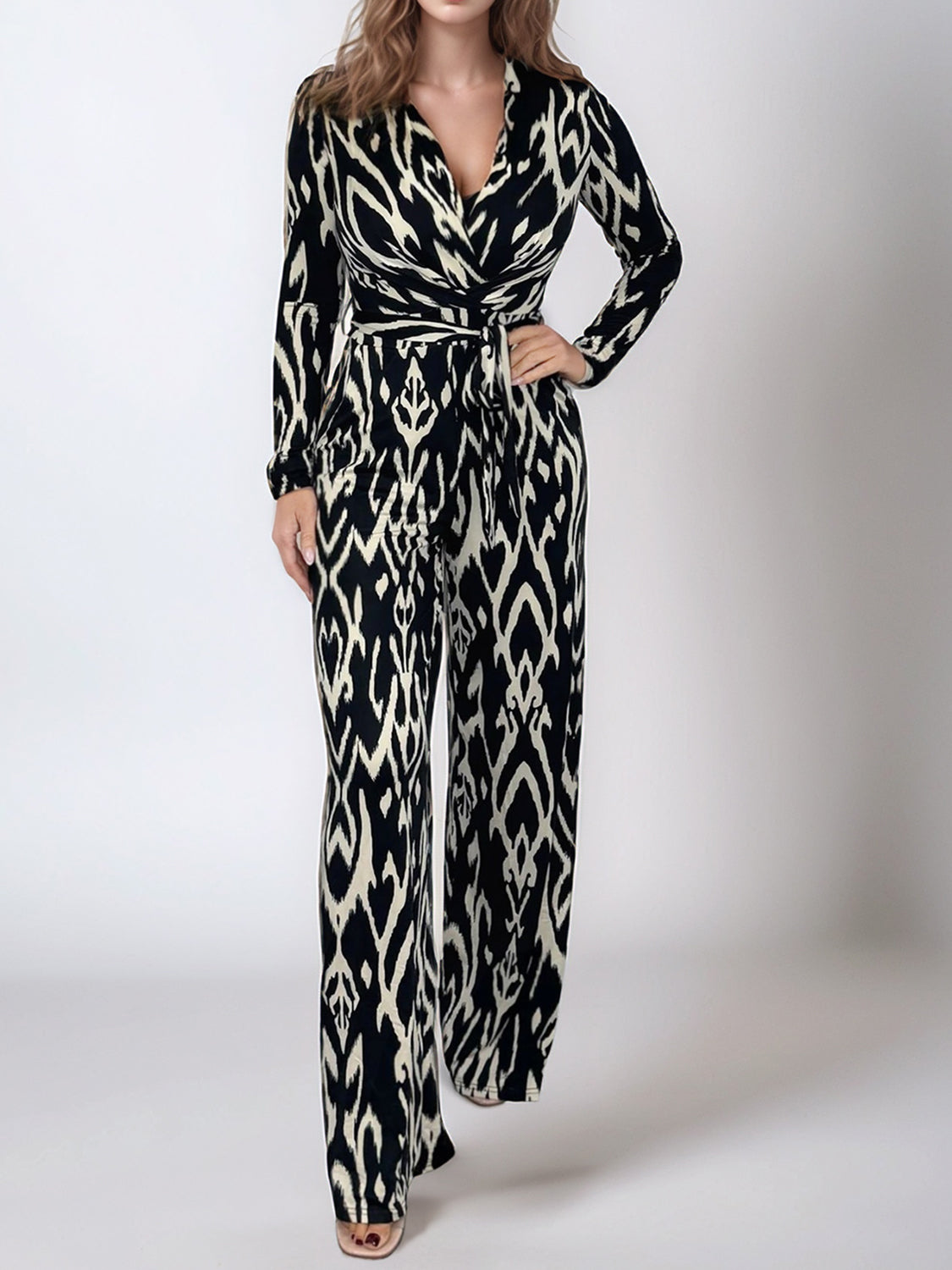 Full Size Leopard Tie Waist Long Sleeve Jumpsuit Plus Size-TOPS / DRESSES-[Adult]-[Female]-Black-S-2022 Online Blue Zone Planet