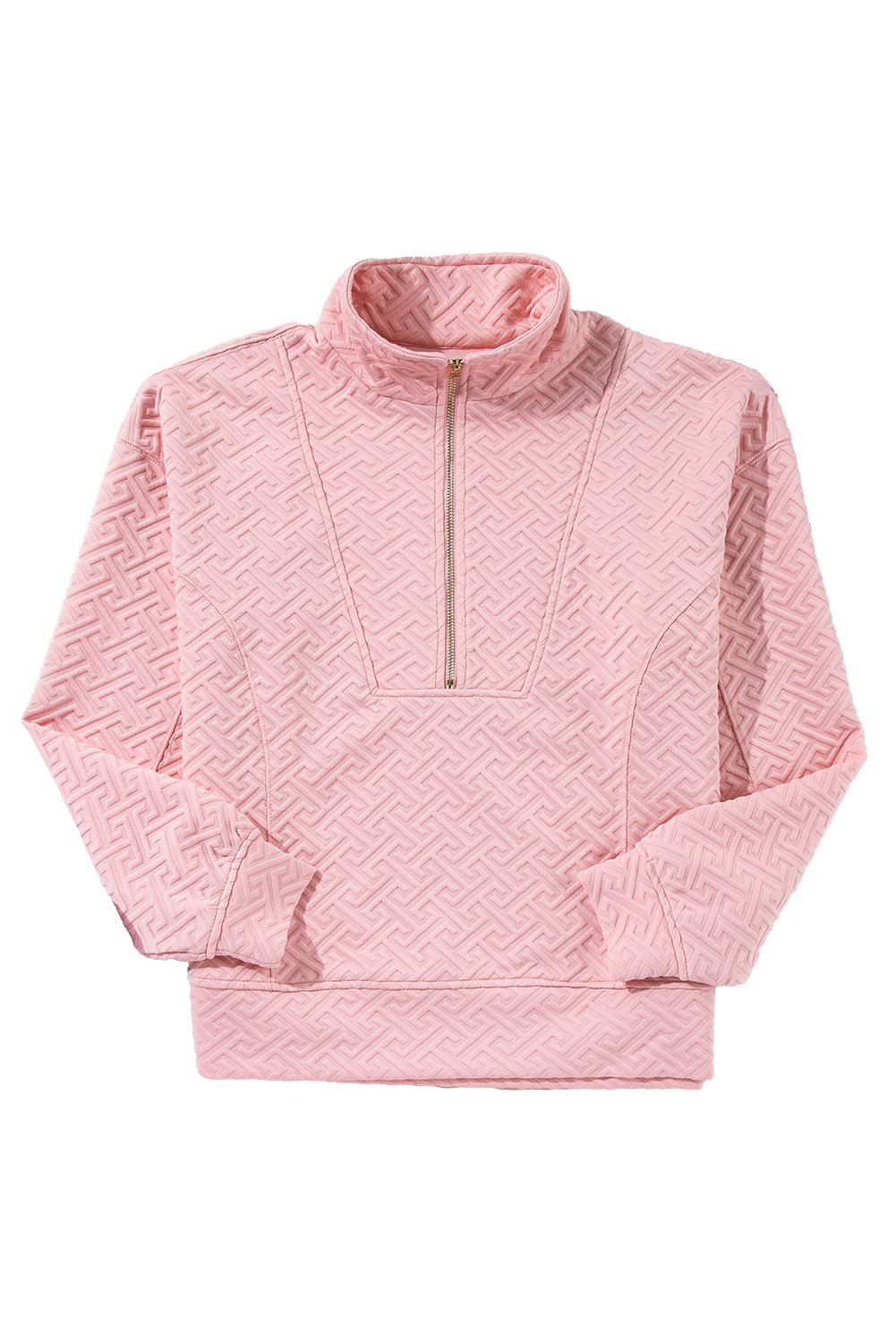 Light Pink Solid Textured Half Zipper Collared Sweatshirt-Sweatshirts & Hoodies-[Adult]-[Female]-2022 Online Blue Zone Planet