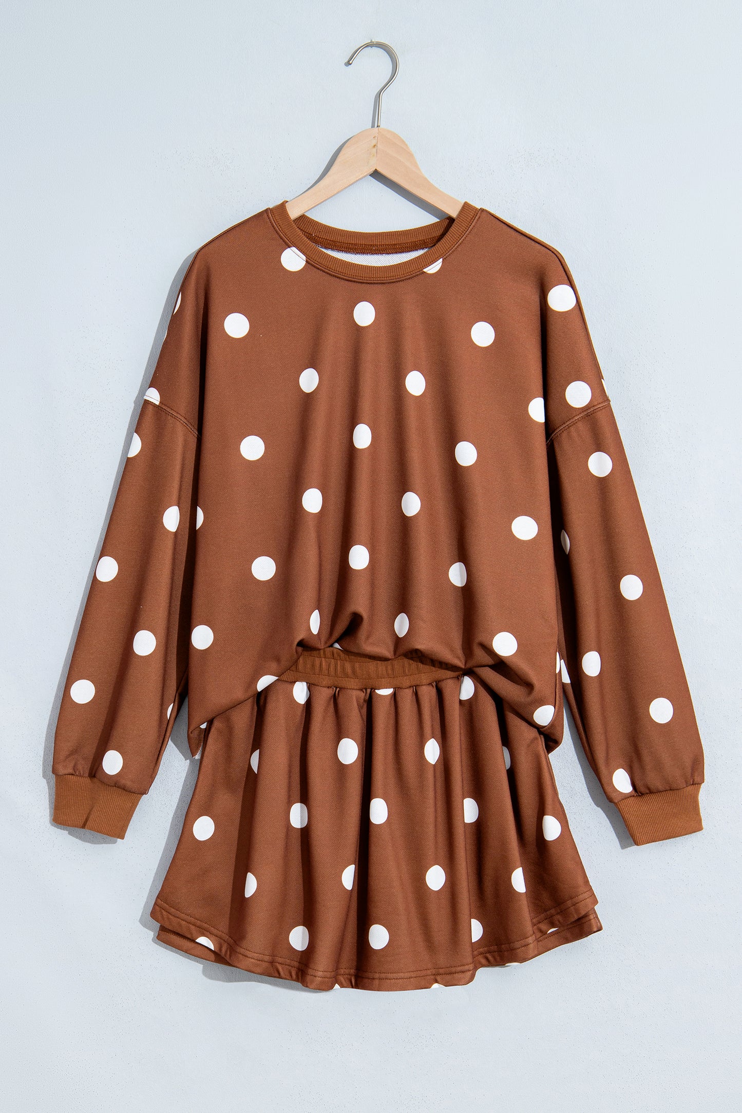 Brown Polka Dot Raw Hem Relaxed Pullover Loose Skort Two Piece Set-Two Piece Sets/Short Sets-[Adult]-[Female]-2022 Online Blue Zone Planet