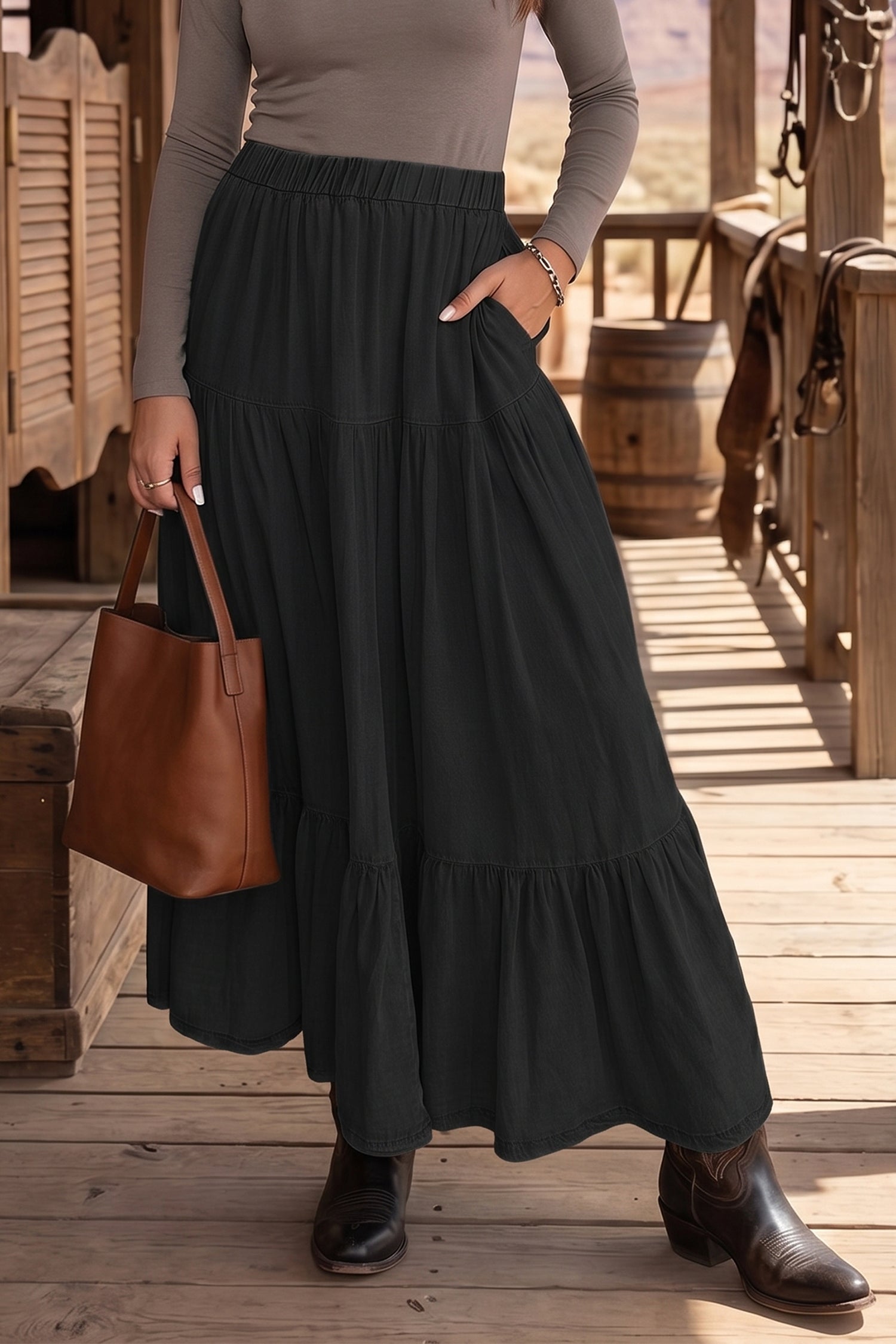 Black Elastic Waist Ruffled Tiered Flared Denim Maxi Skirt-Bottoms/Skirts & Petticoat-[Adult]-[Female]-2022 Online Blue Zone Planet
