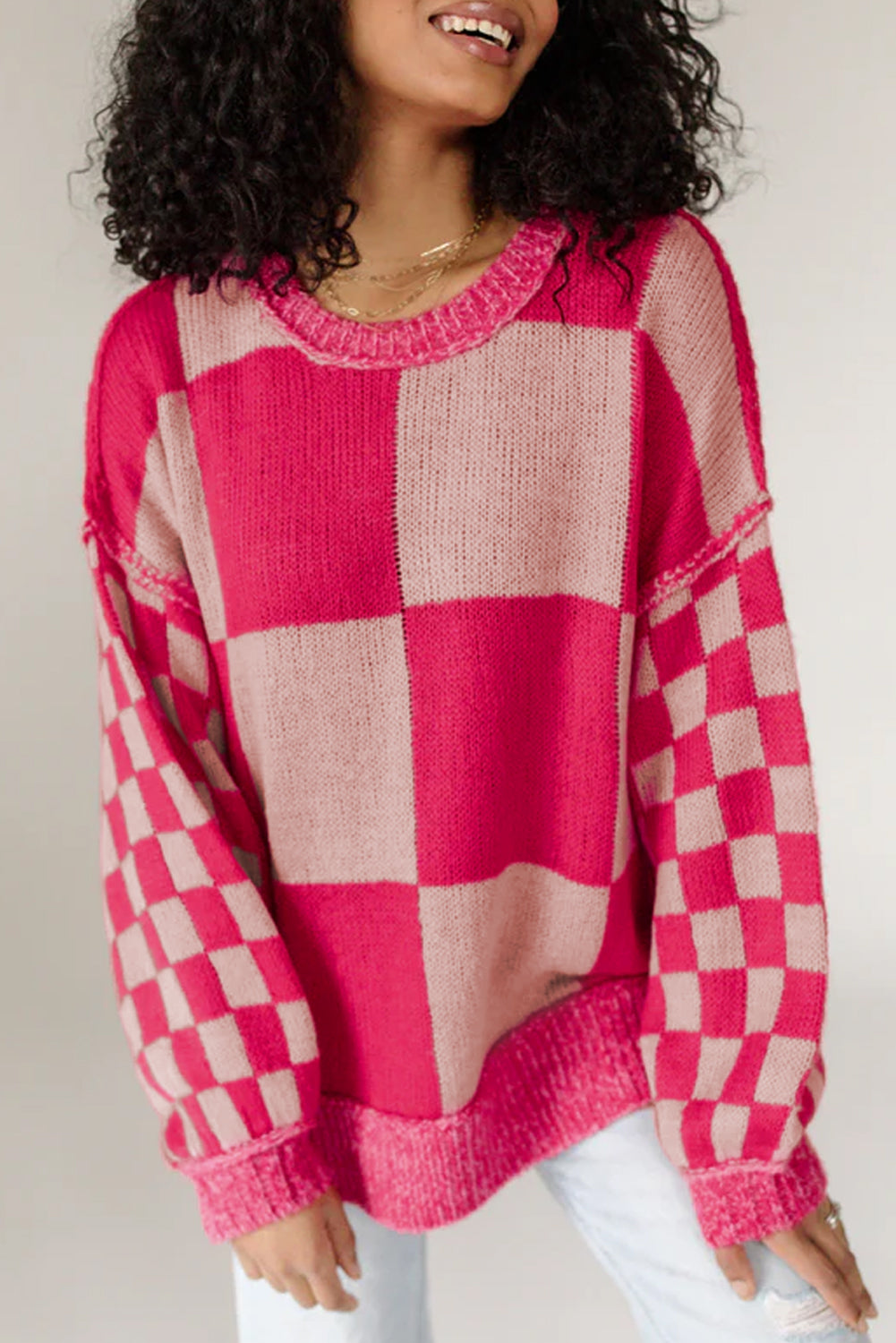 Rose Red Mixed Checkered Pattern Drop Shoulder Loose Sweater-Sweaters & Cardigans/Sweaters-[Adult]-[Female]-Rose Red-S-2022 Online Blue Zone Planet