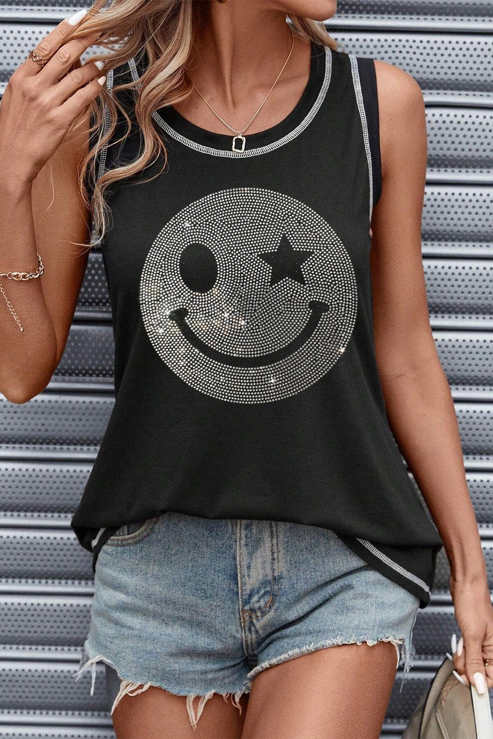 Blue Zone Planet | Rhinestone Smile Face Round Neck Tank-TOPS / DRESSES-[Adult]-[Female]-2022 Online Blue Zone Planet