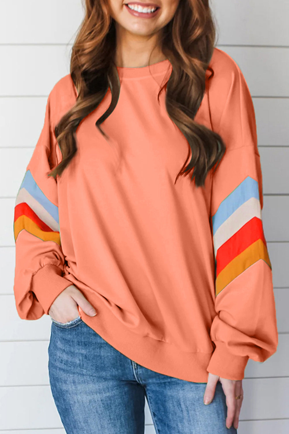 Flamingo Rainbow Striped Sleeve Crew Neck Loose Sweatshirt-Tops/Sweatshirts & Hoodies-[Adult]-[Female]-Flamingo-S-2022 Online Blue Zone Planet