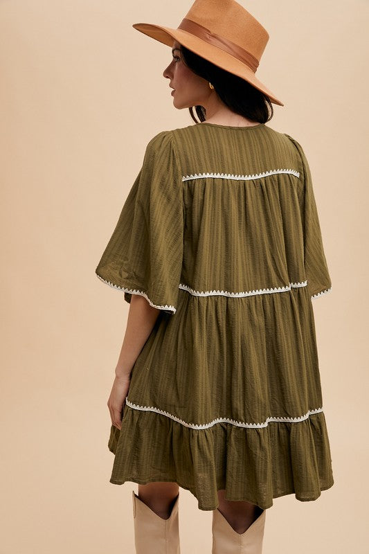 Annie Wear Tassel Contrast Trim Tie Neck Half Sleeve Tiered Dress-TOPS / DRESSES-[Adult]-[Female]-2022 Online Blue Zone Planet