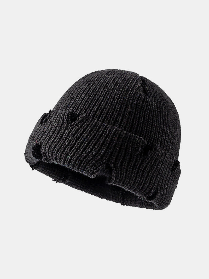 Distressed Cuffed Knit Hat-BEANIES-[Adult]-[Female]-Black-One Size-2022 Online Blue Zone Planet