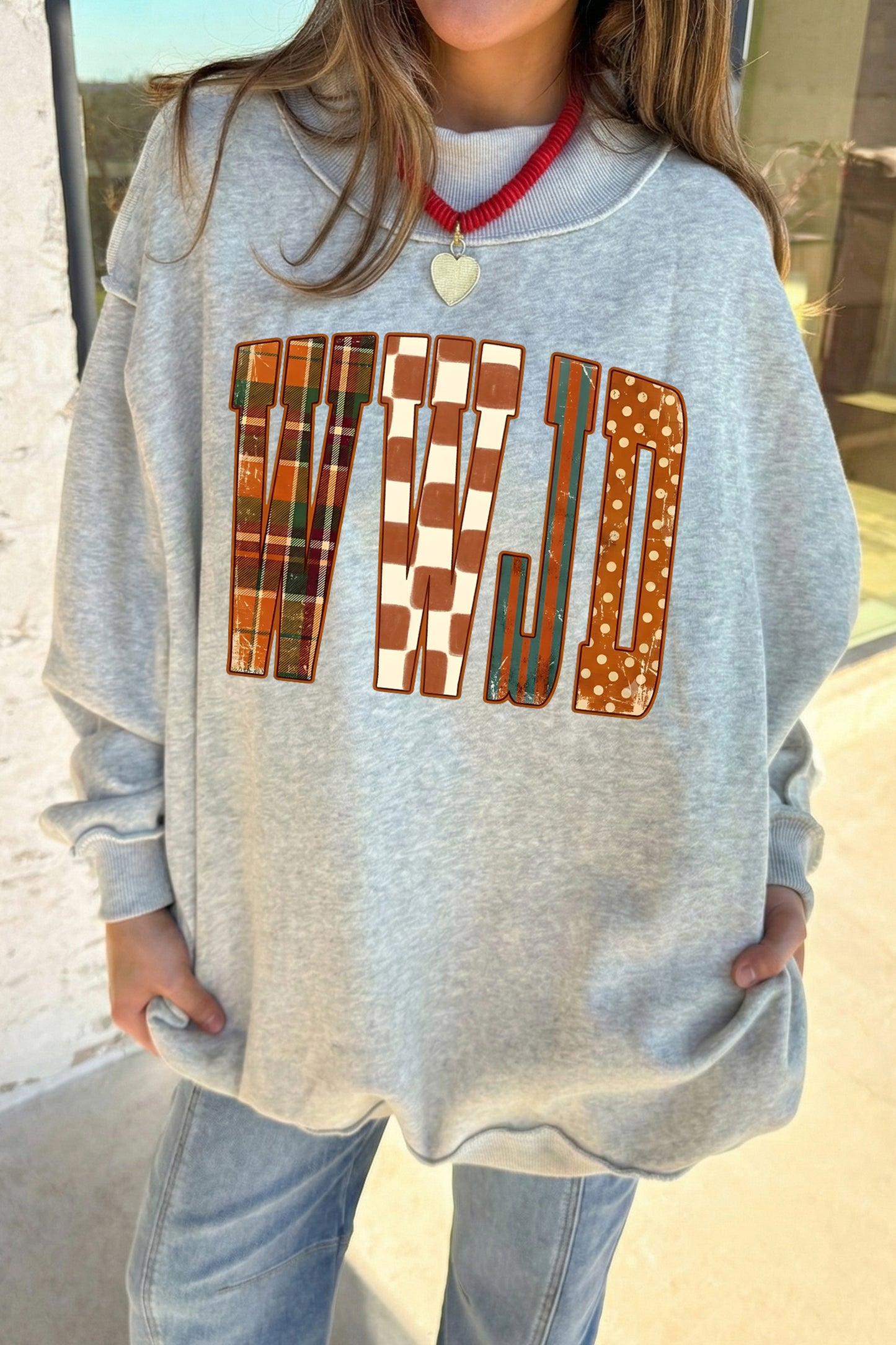Light Grey WWJD Graphic Mock Neck Oversized Sweatshirt-Graphic/Graphic Sweatshirts-[Adult]-[Female]-2022 Online Blue Zone Planet