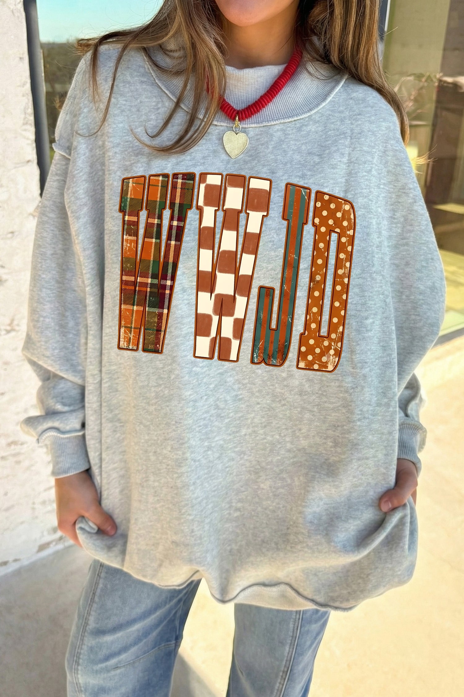 Light Grey WWJD Graphic Mock Neck Oversized Sweatshirt-Graphic/Graphic Sweatshirts-[Adult]-[Female]-2022 Online Blue Zone Planet