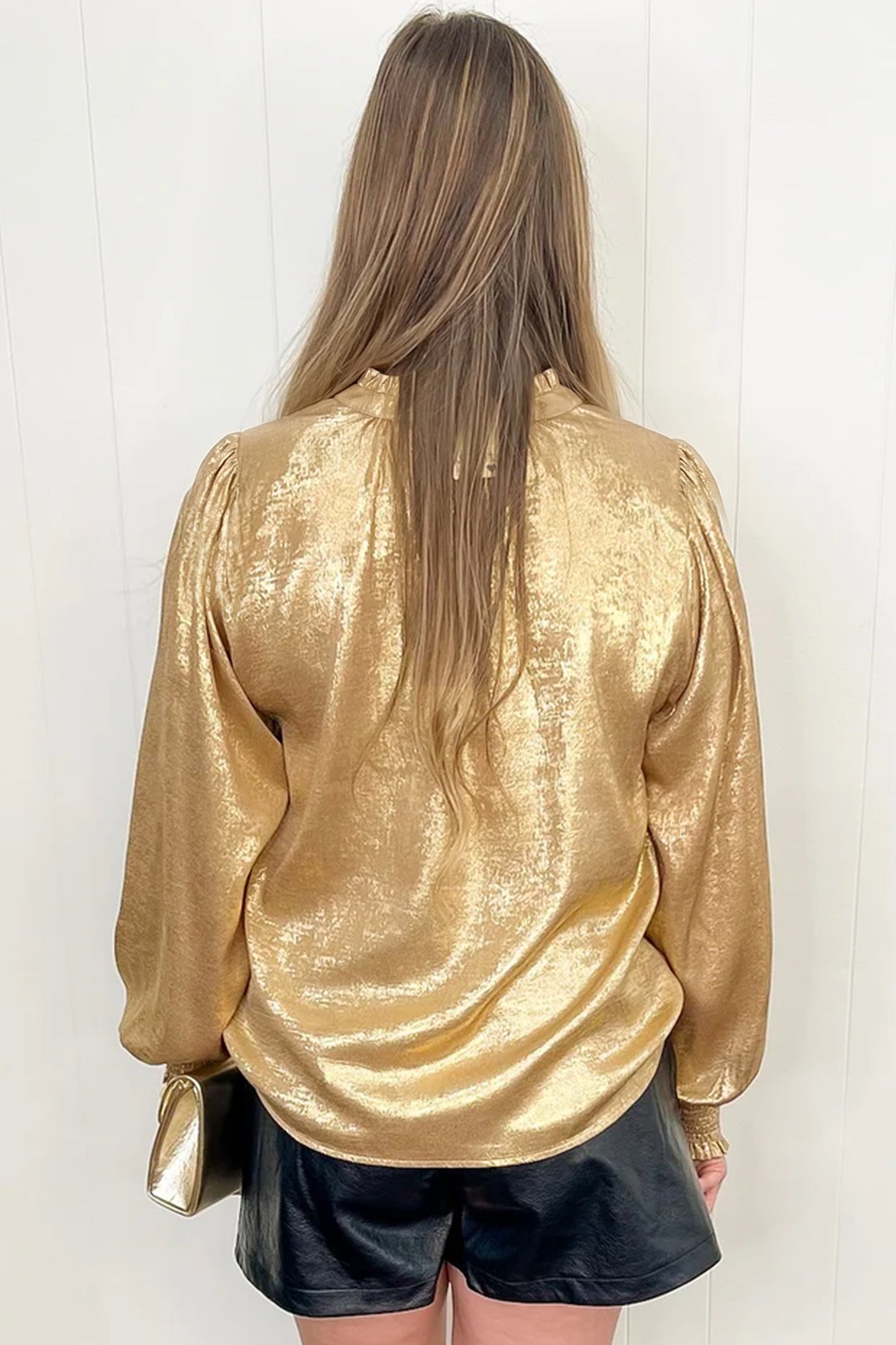 Gold Metallic Sheen V Neck Gathered Cuff Long Sleeve Blouse-Tops/Blouses & Shirts-[Adult]-[Female]-2022 Online Blue Zone Planet