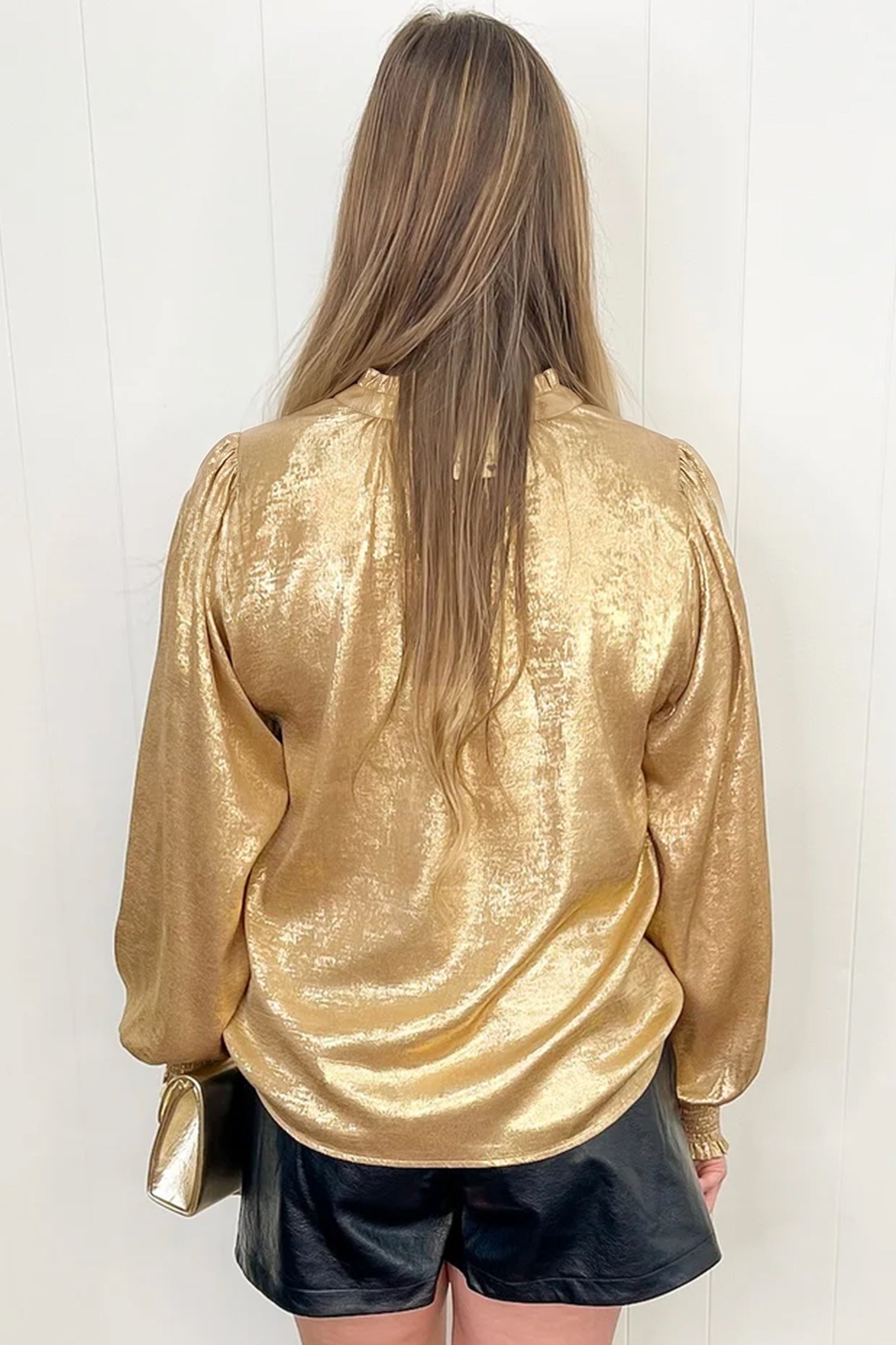 Gold Metallic Sheen V Neck Gathered Cuff Long Sleeve Blouse-Tops/Blouses & Shirts-[Adult]-[Female]-2022 Online Blue Zone Planet