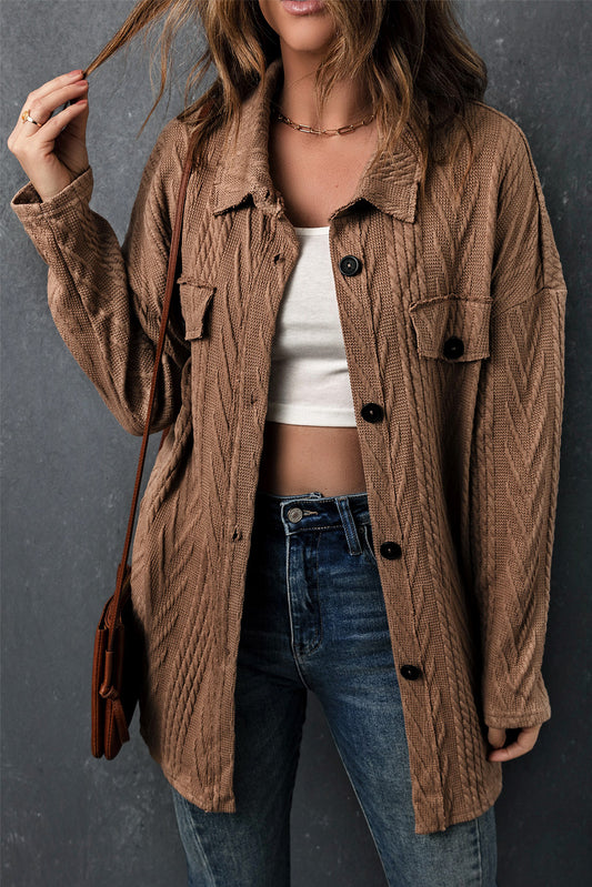 Khaki Oversize Textured Knit Button Front Shacket-Outerwear/Jackets-[Adult]-[Female]-Khaki-S-2022 Online Blue Zone Planet