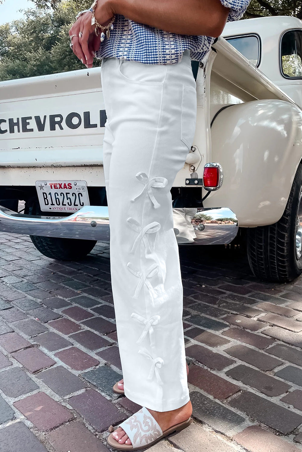 White Bow Knot Side Detail Straight Leg Loose Jeans-Bottoms/Jeans-[Adult]-[Female]-2022 Online Blue Zone Planet