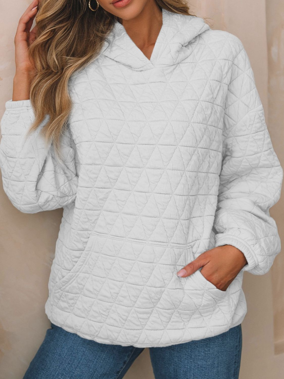 Textured Long Sleeve Hoodie with Pockets-TOPS / DRESSES-[Adult]-[Female]-White-S-2022 Online Blue Zone Planet