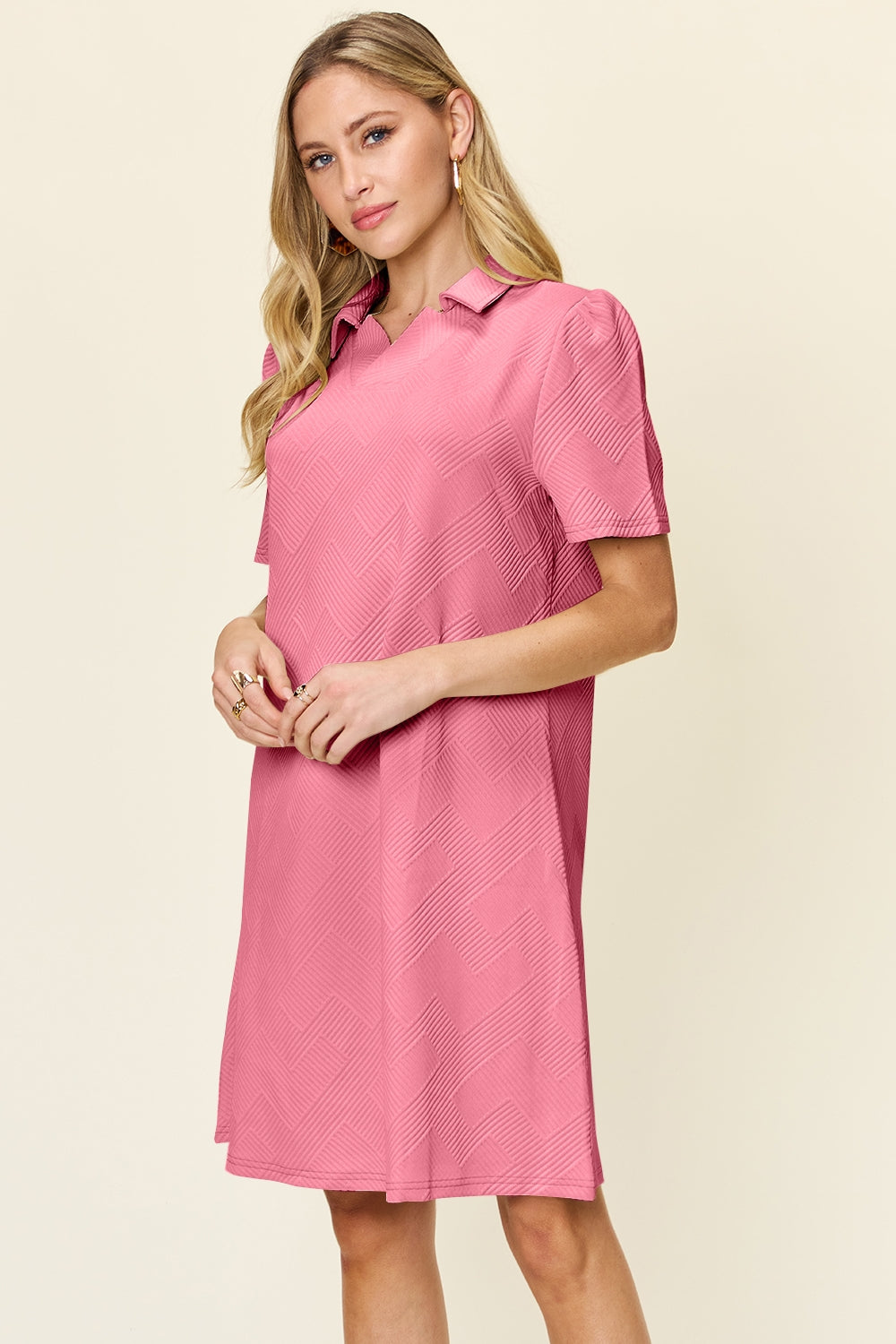 Blue Zone Planet | Double Take Full Size Texture Collared Neck Short Sleeve Dress-TOPS / DRESSES-[Adult]-[Female]-2022 Online Blue Zone Planet