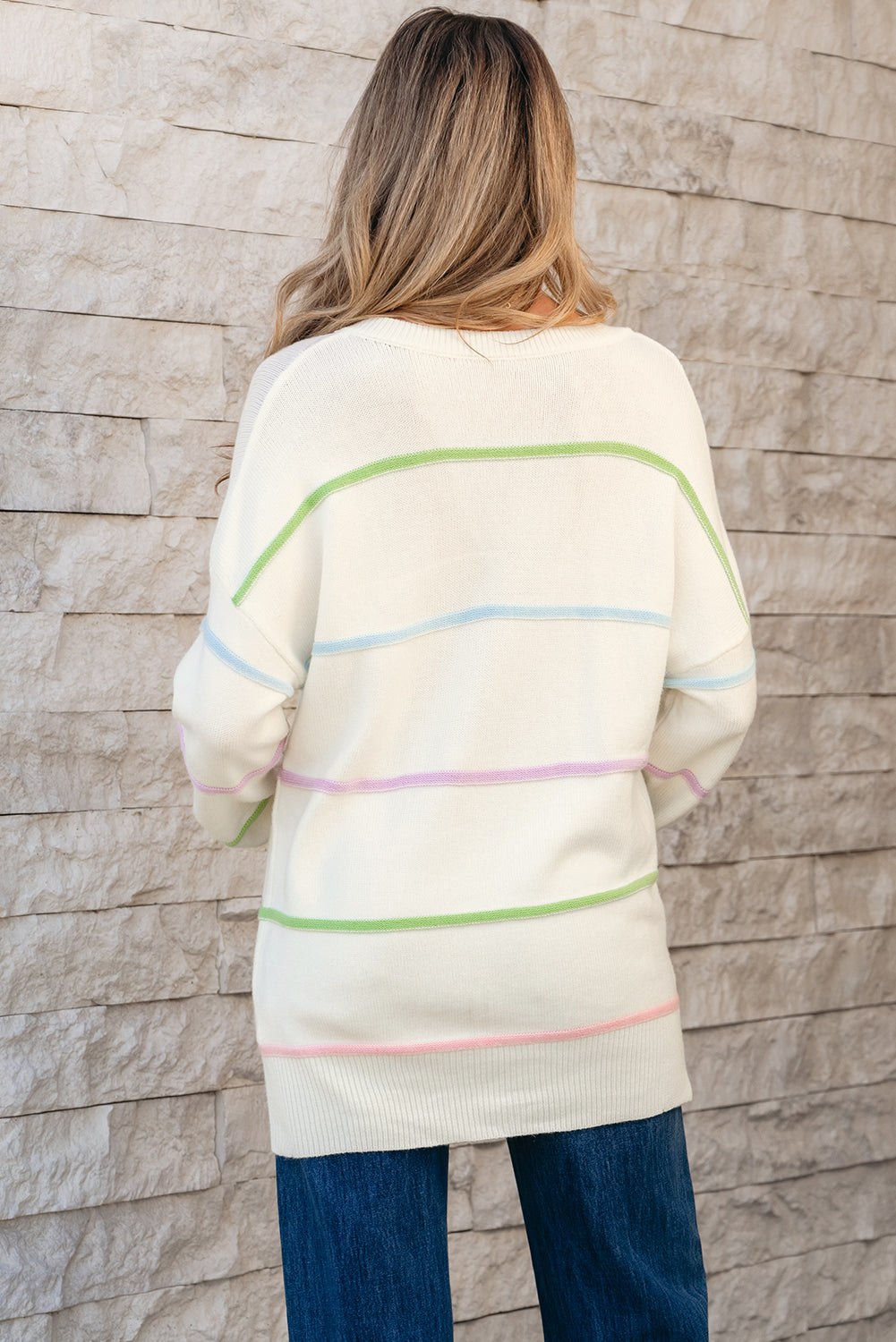 Blue Zone Planet | White Rainbow Stripes Drop Shoulder Baggy Henley Sweater-Sweaters & Cardigans/Sweaters-[Adult]-[Female]-2022 Online Blue Zone Planet