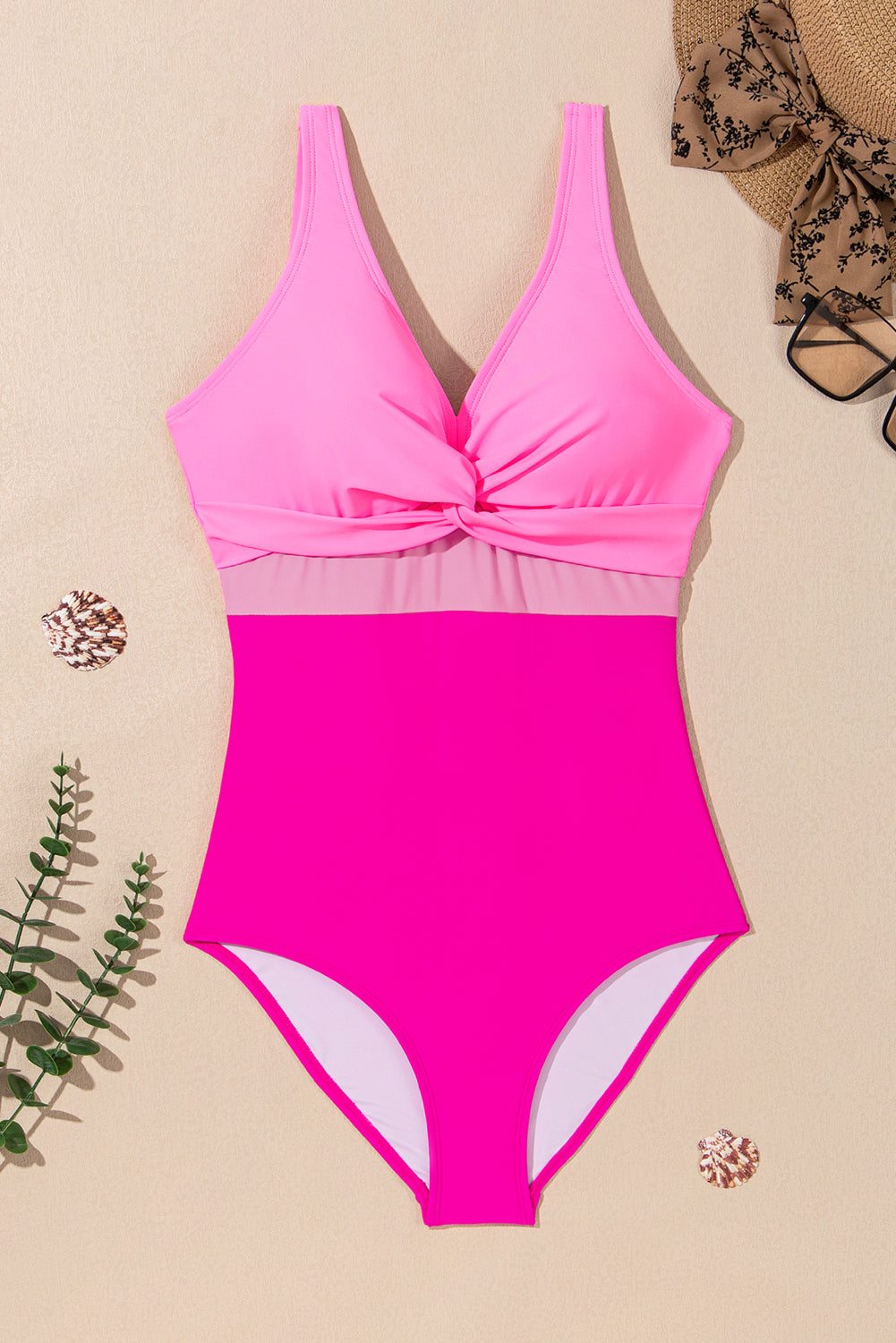 Sachet Pink V Neck Twisted Cutout Color Block One Piece Swimsuit-One Piece Swimsuit-[Adult]-[Female]-2022 Online Blue Zone Planet