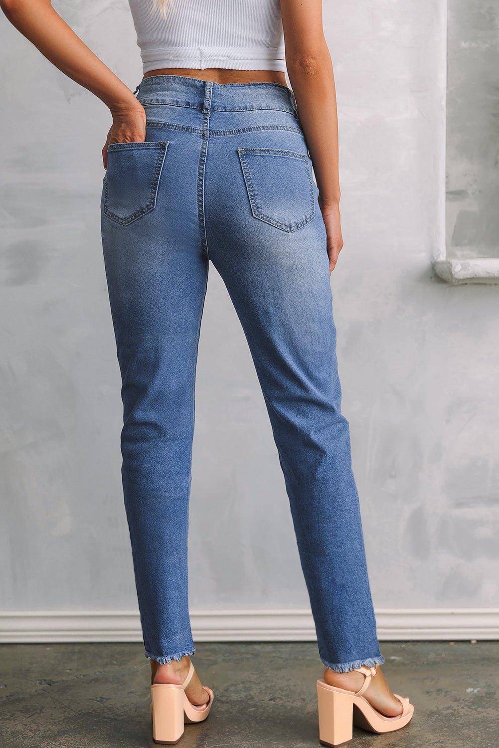 Sky Blue Double Button Raw Hem Slim Fit Jeans-Bottoms/Jeans-[Adult]-[Female]-2022 Online Blue Zone Planet